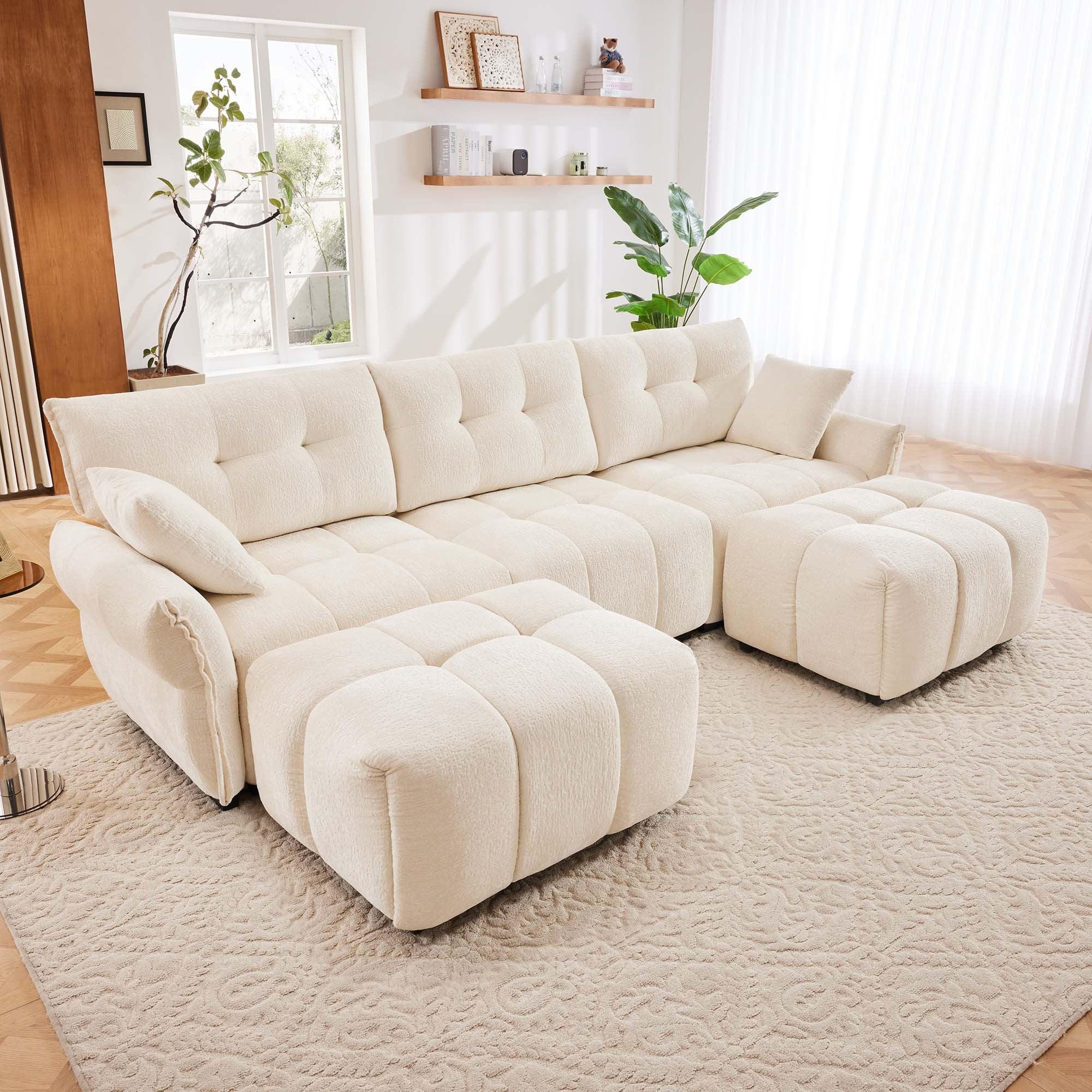 Walker Edison | Chenille Tufted 3 Seater Sofa Set With Ottoman And Throw Pillows
