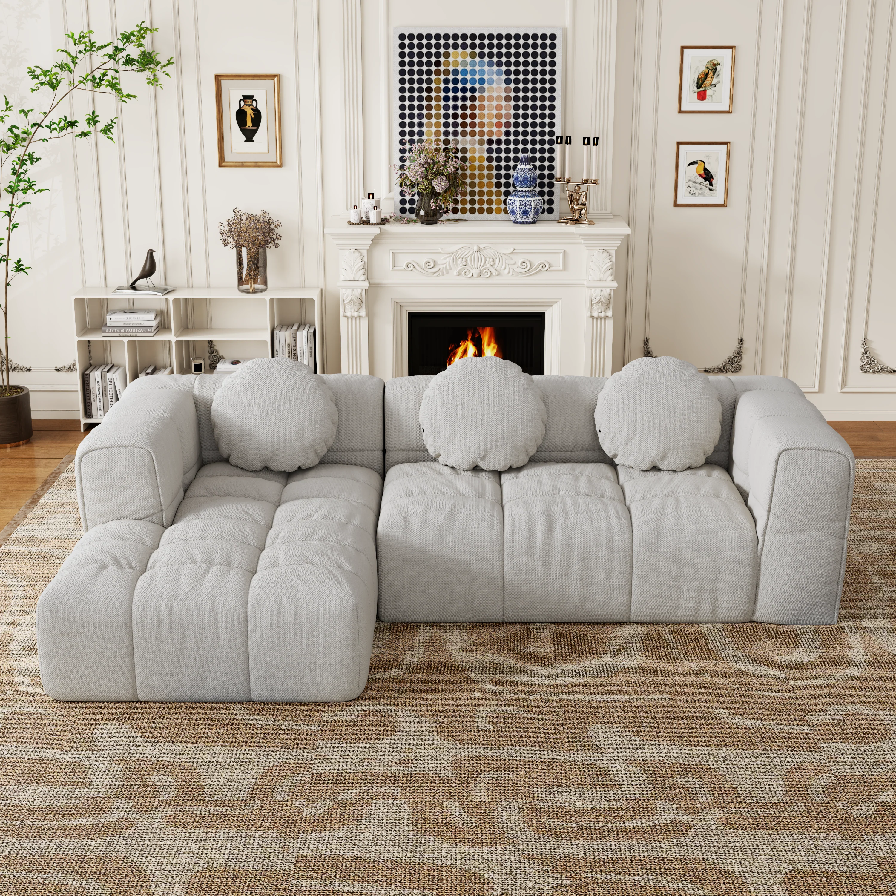 Walker Edison | Modular Minimalist Tufted Sectional Sofa Set with 3 pillows