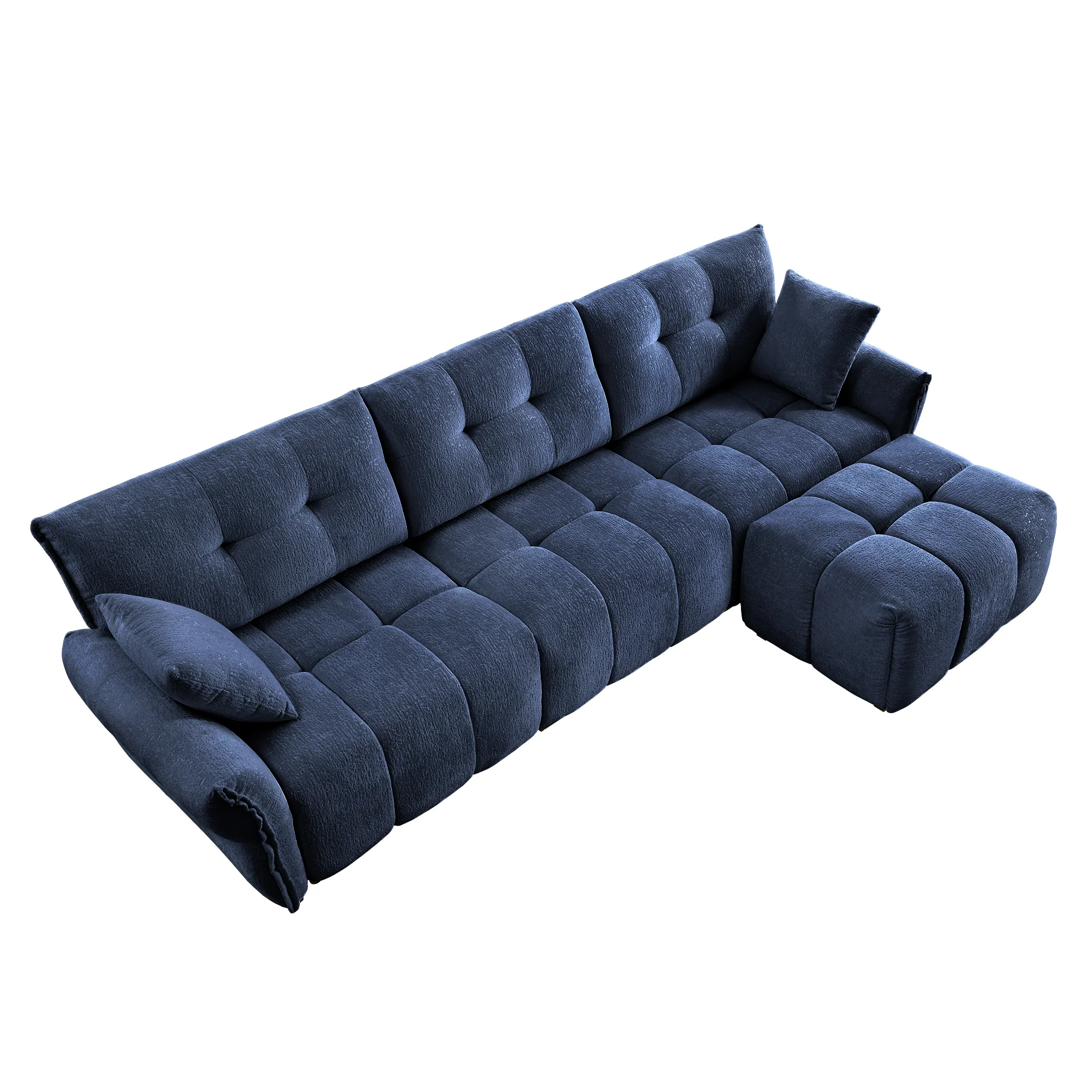 Walker Edison | Elegant Tufted Textured Chenille Blue Sofa Set with Ottoman and Pillows