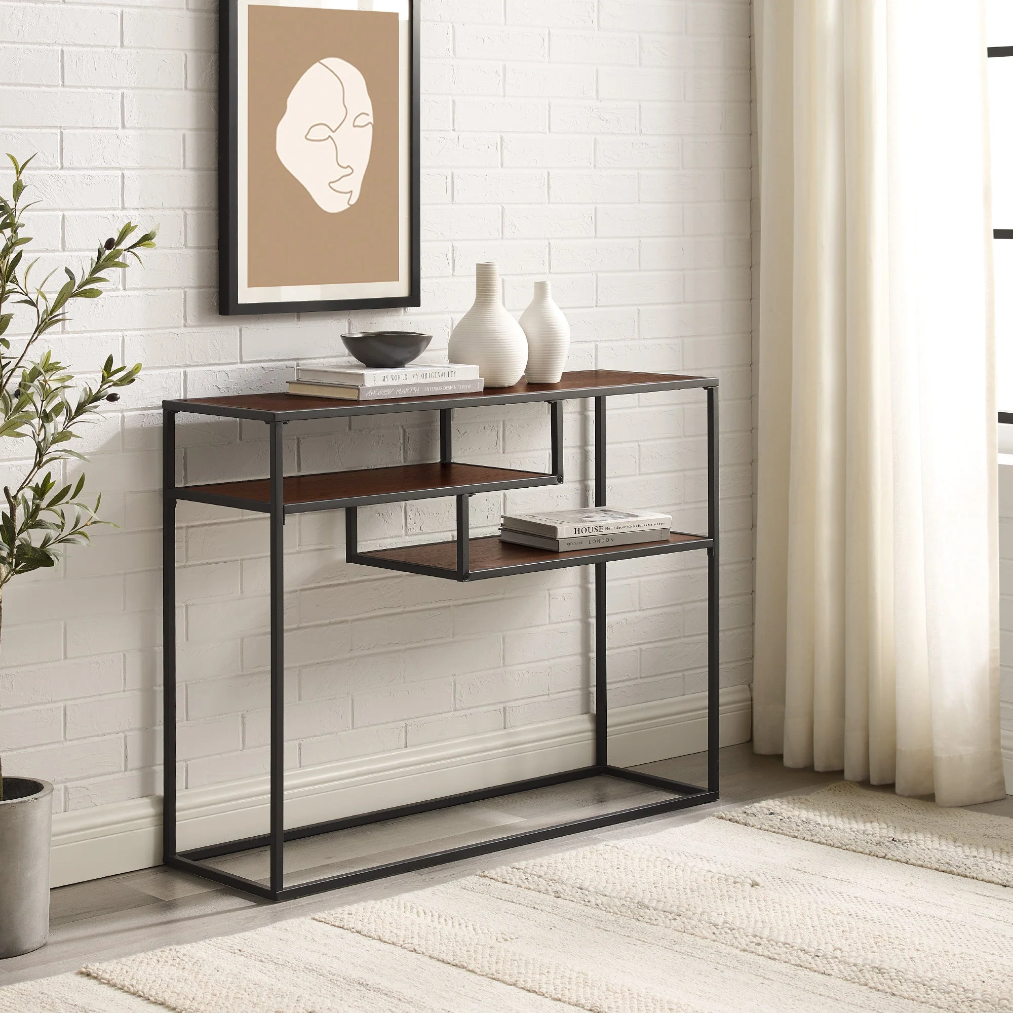 Maya 42 Metal and Wood Tiered Shelf Entry Table