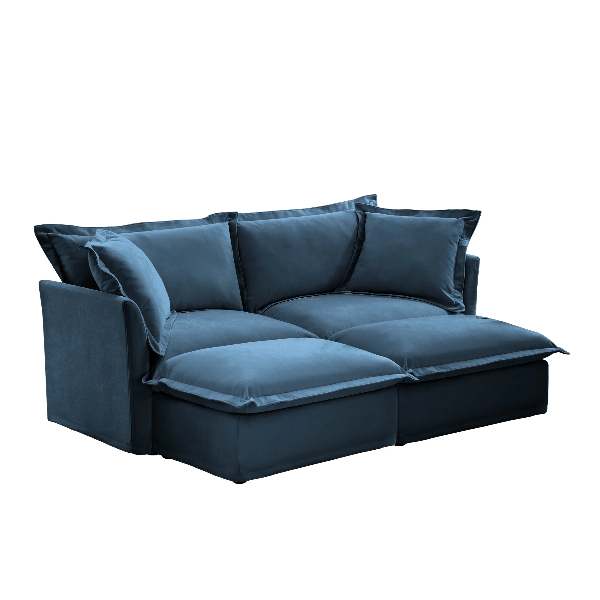 Walker Edison | Deep Seat Blue Slipcovered Loveseat Sofa with Two Ottomans