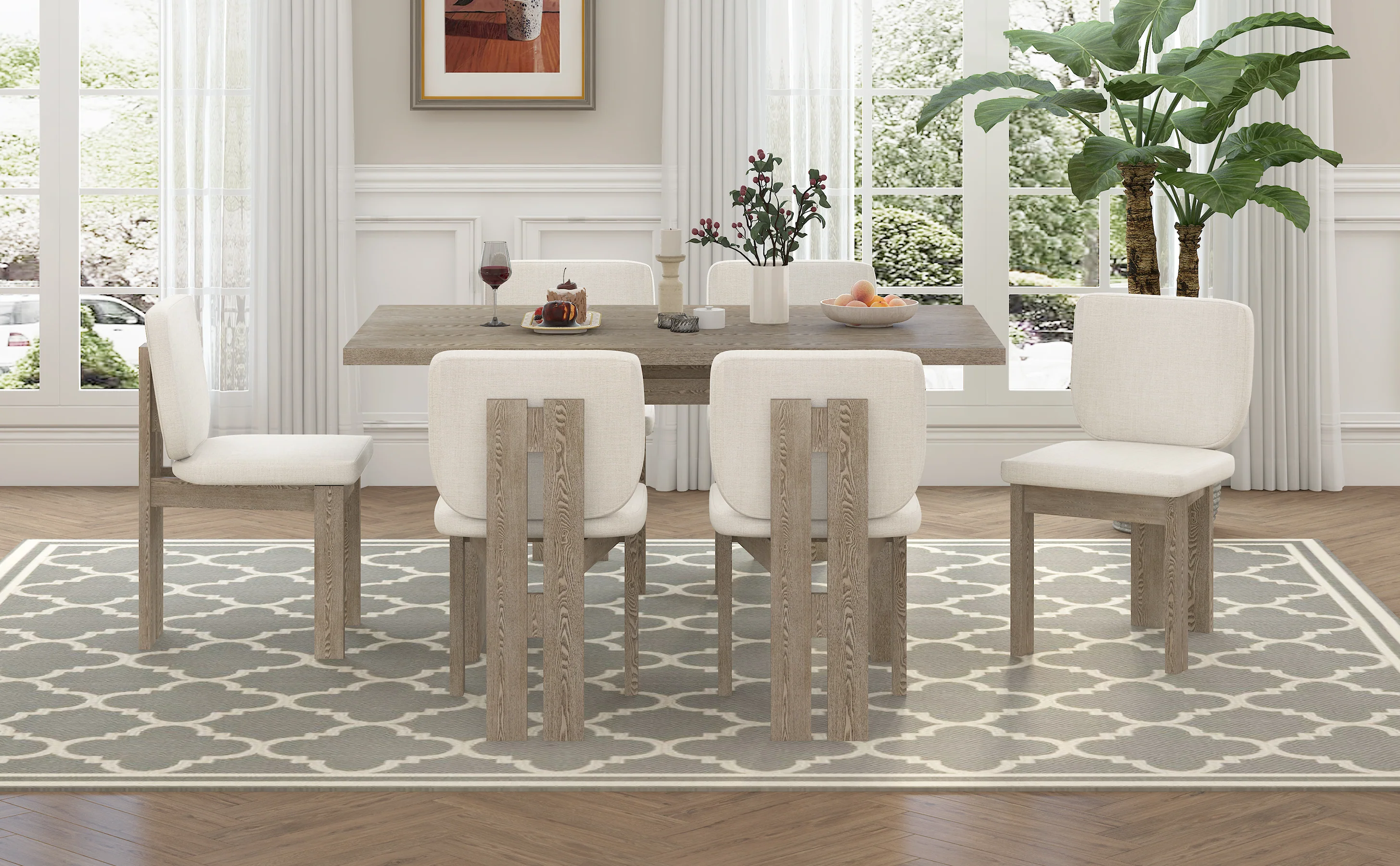 Walker Edison | Natural Wood Wash 7-Piece Retro Dining Set with 6 Upholstered Chairs