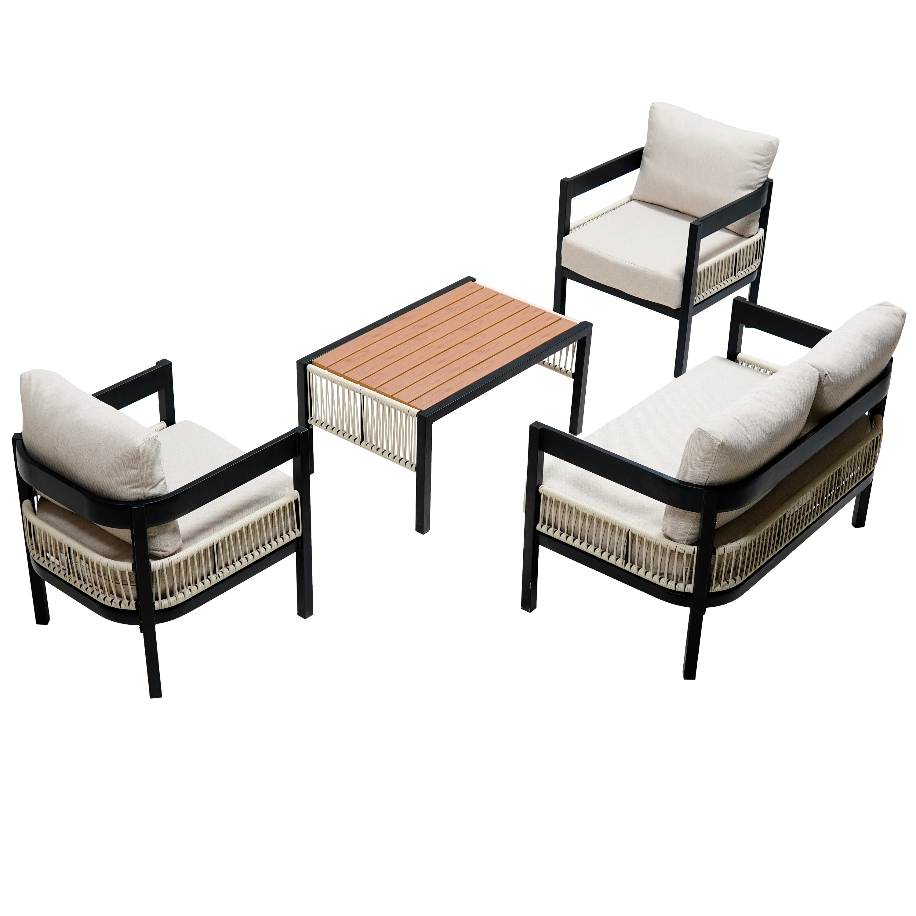 Walker Edison | Modern Rope Design Outdoor Iron Sofa Set with Coffee Table