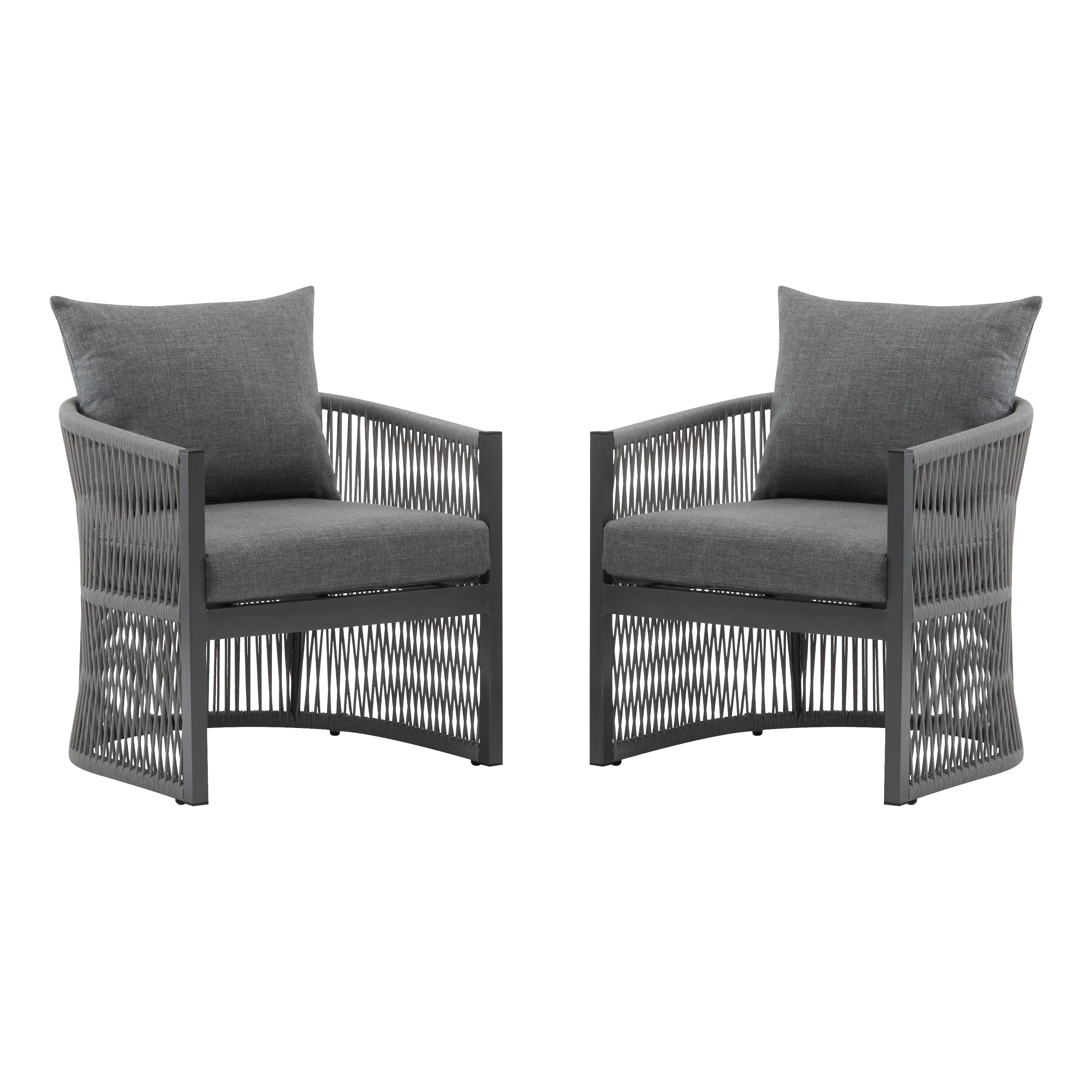 Walker Edison | Stylish Rope-Weave Gray Curved Outdoor Chairs Set of 2