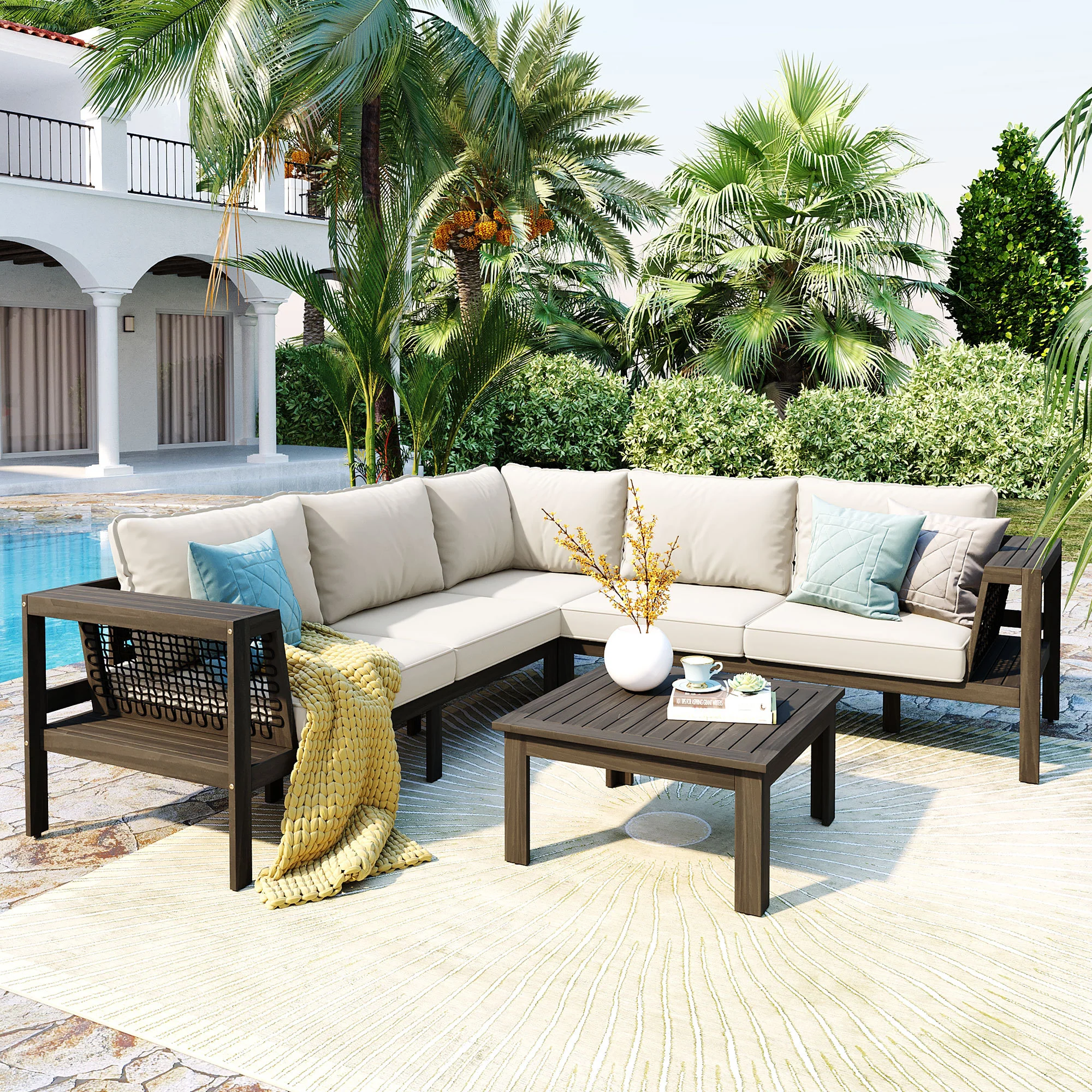 Walker Edison | Acacia L Shape Wood 4 Pieces Outdoor Sofa Set