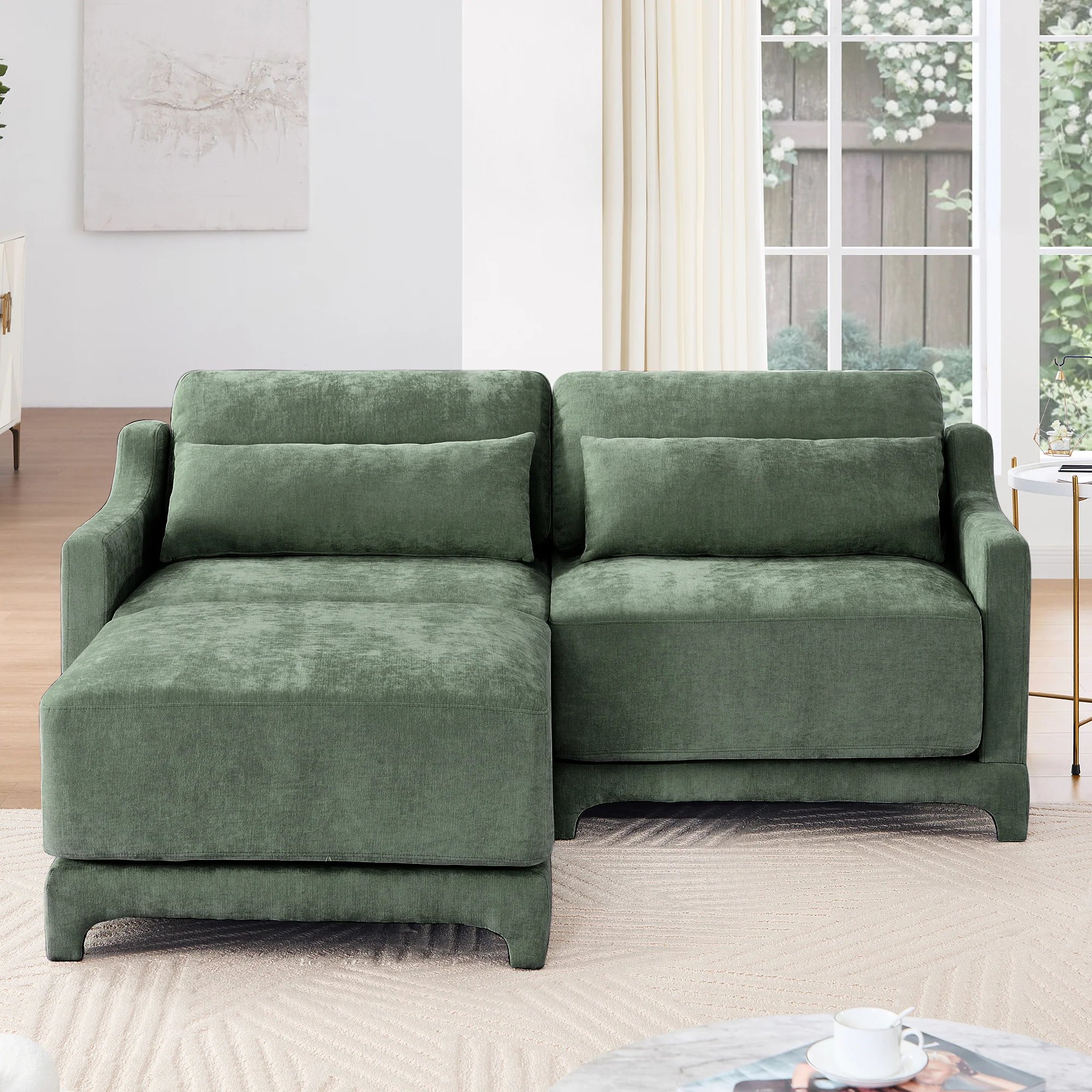 Walker Edison |Ergonomic Design Green Chenille Loveseat Sofa with Ottoman