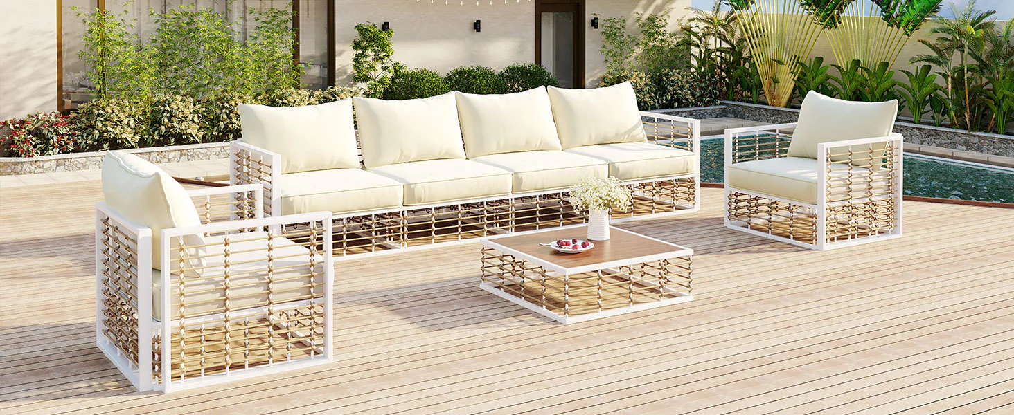 Walker Edison | White Modern Minimalist 7-Piece Metal Outdoor Patio Sectional Sofa Set
