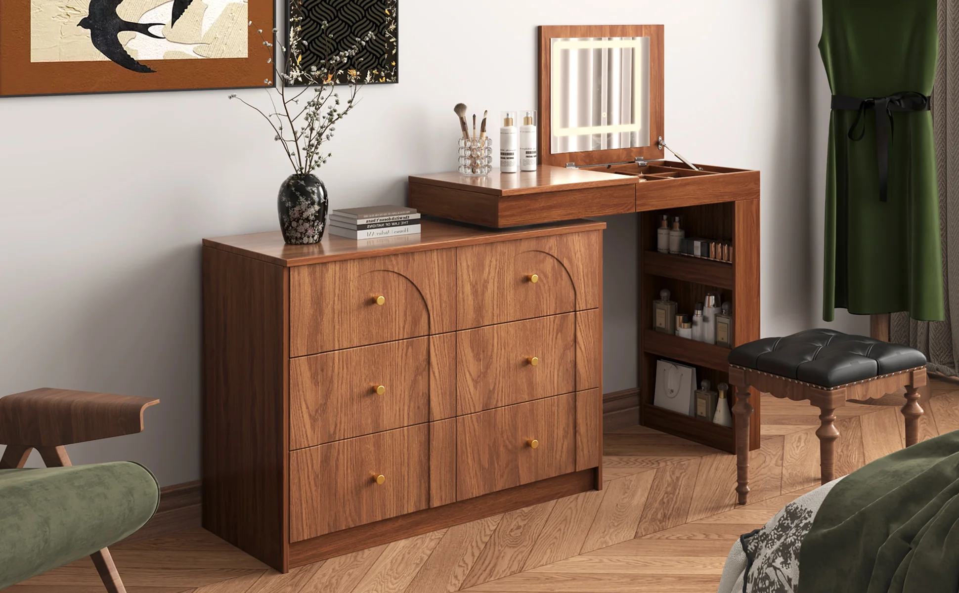 Walker Edison | Multi-Functional Vanity Desk/Dresser Set with Flip-Top Mirror and Lights