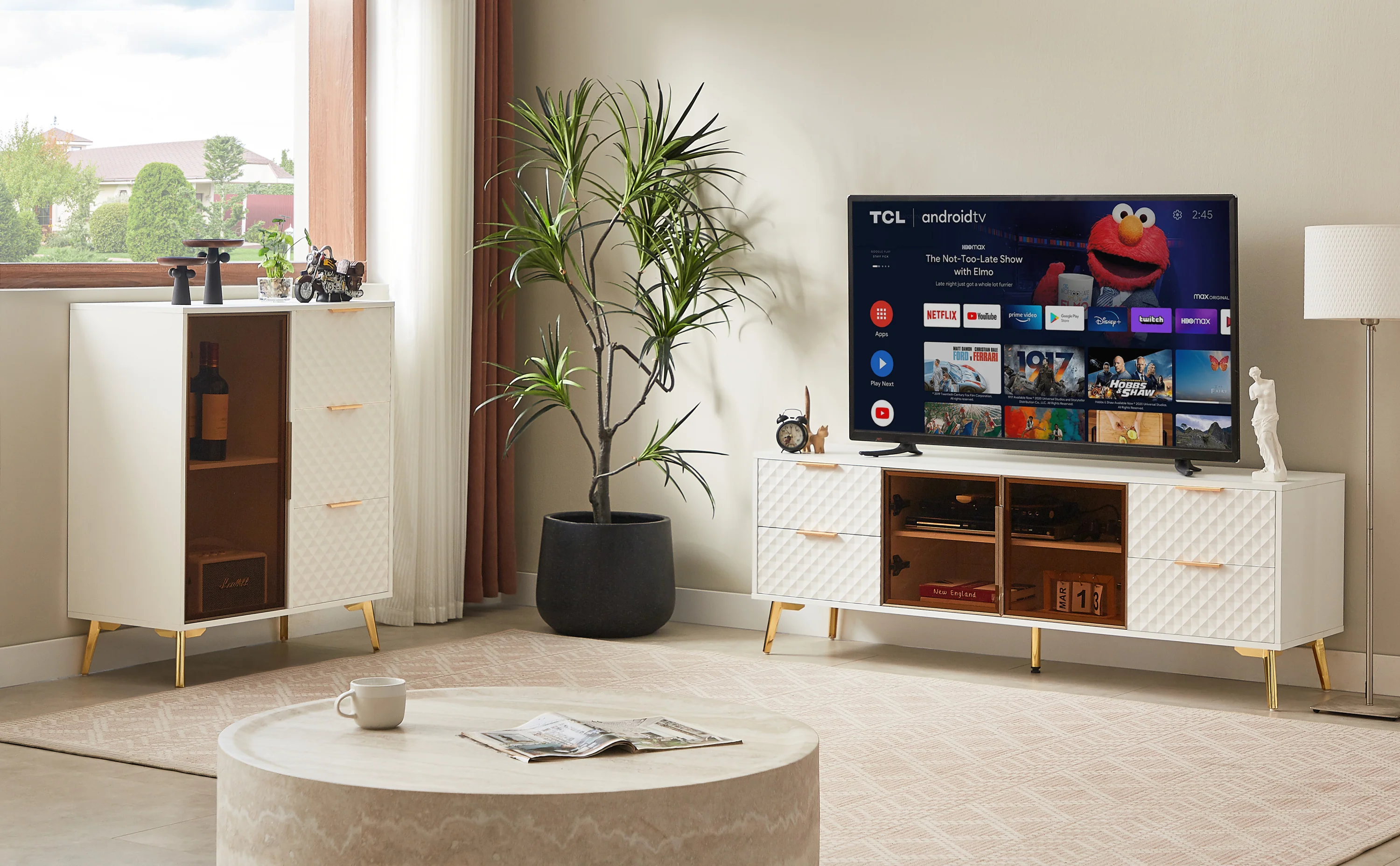 Walker Edison | Modular Modern Fashion Style Accent Cabinet with Tempered Glass Doors