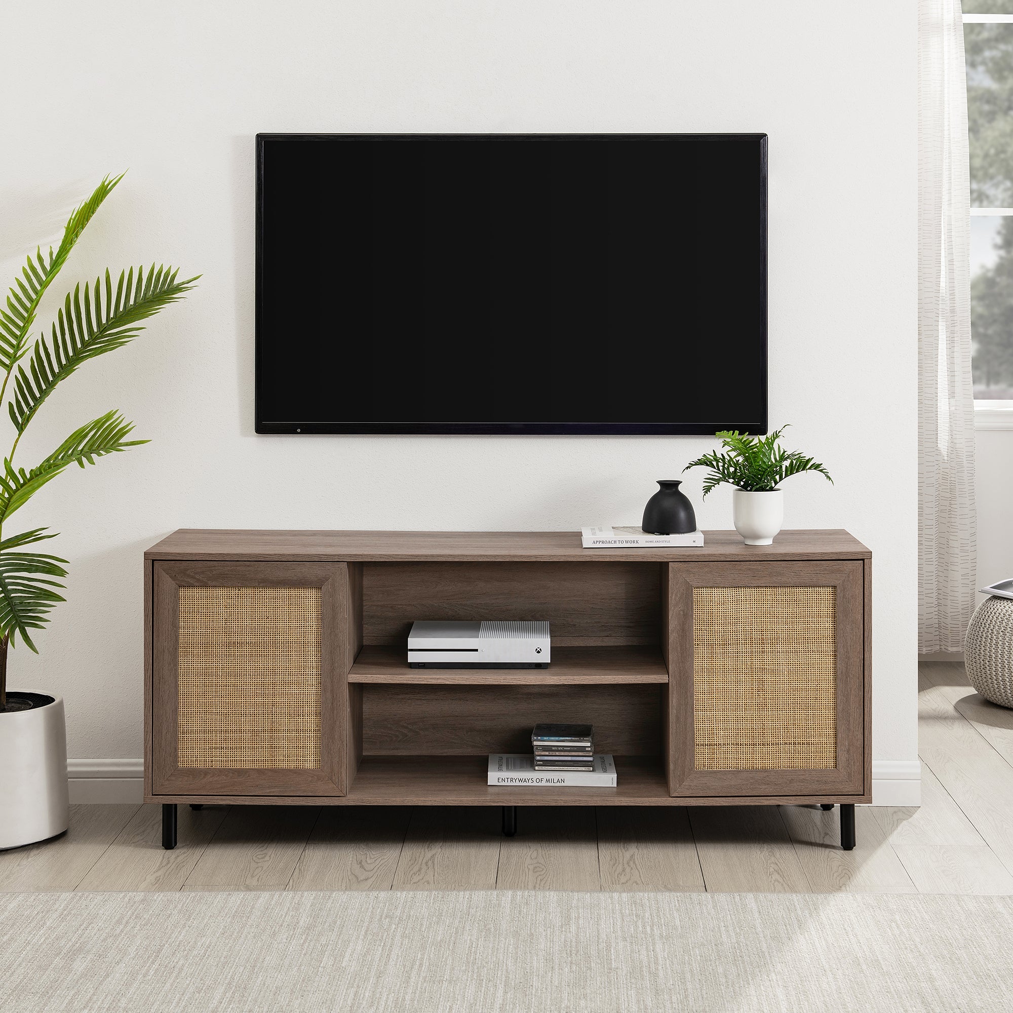 58 2 Door Wood and Rattan TV Stand