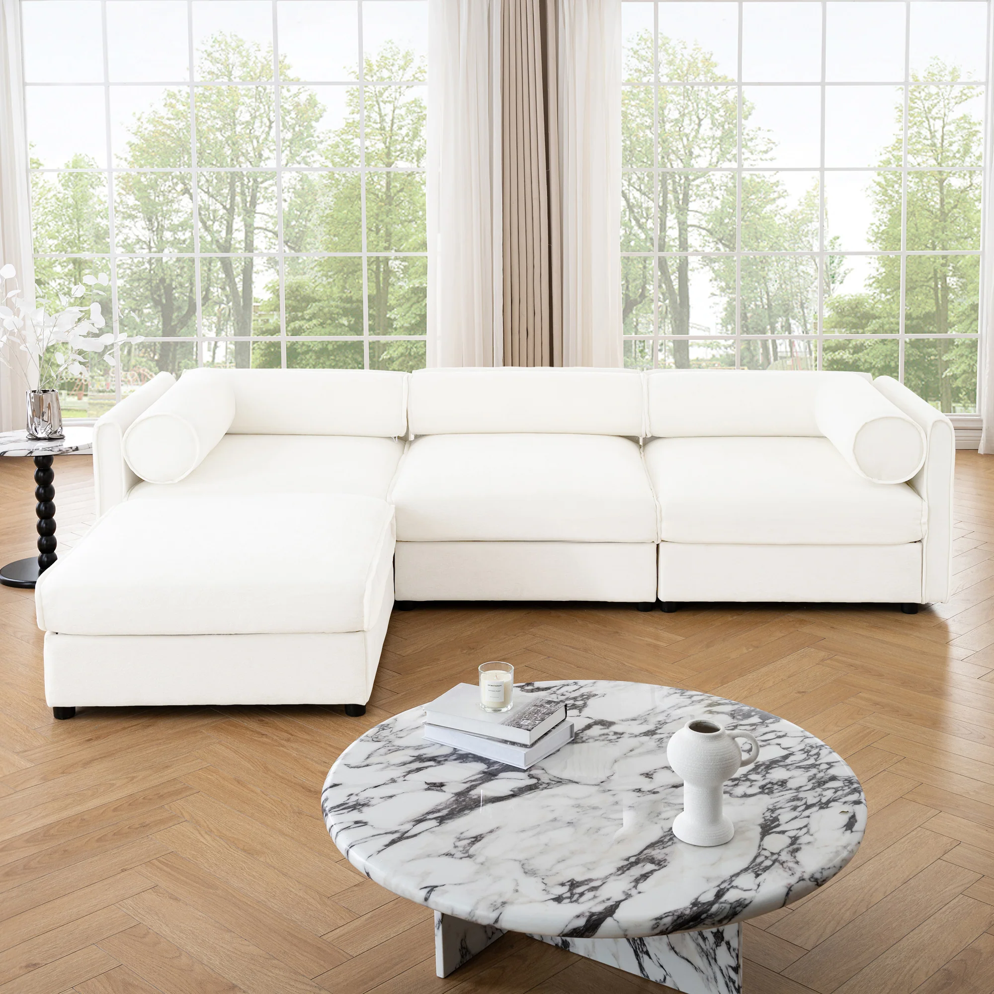 Walker Edison | Contemporary White Chenille L-Shaped Sofa with Storage and Ottoman