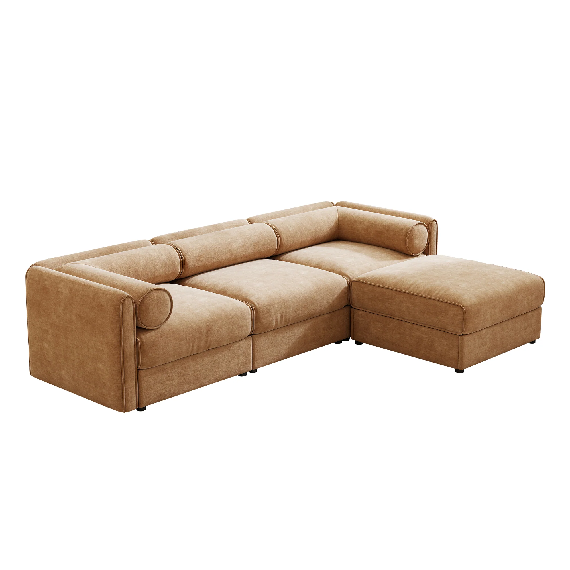 Walker Edison | Elegant Camel Chenille Sofa with Storage Seat and Ottoman