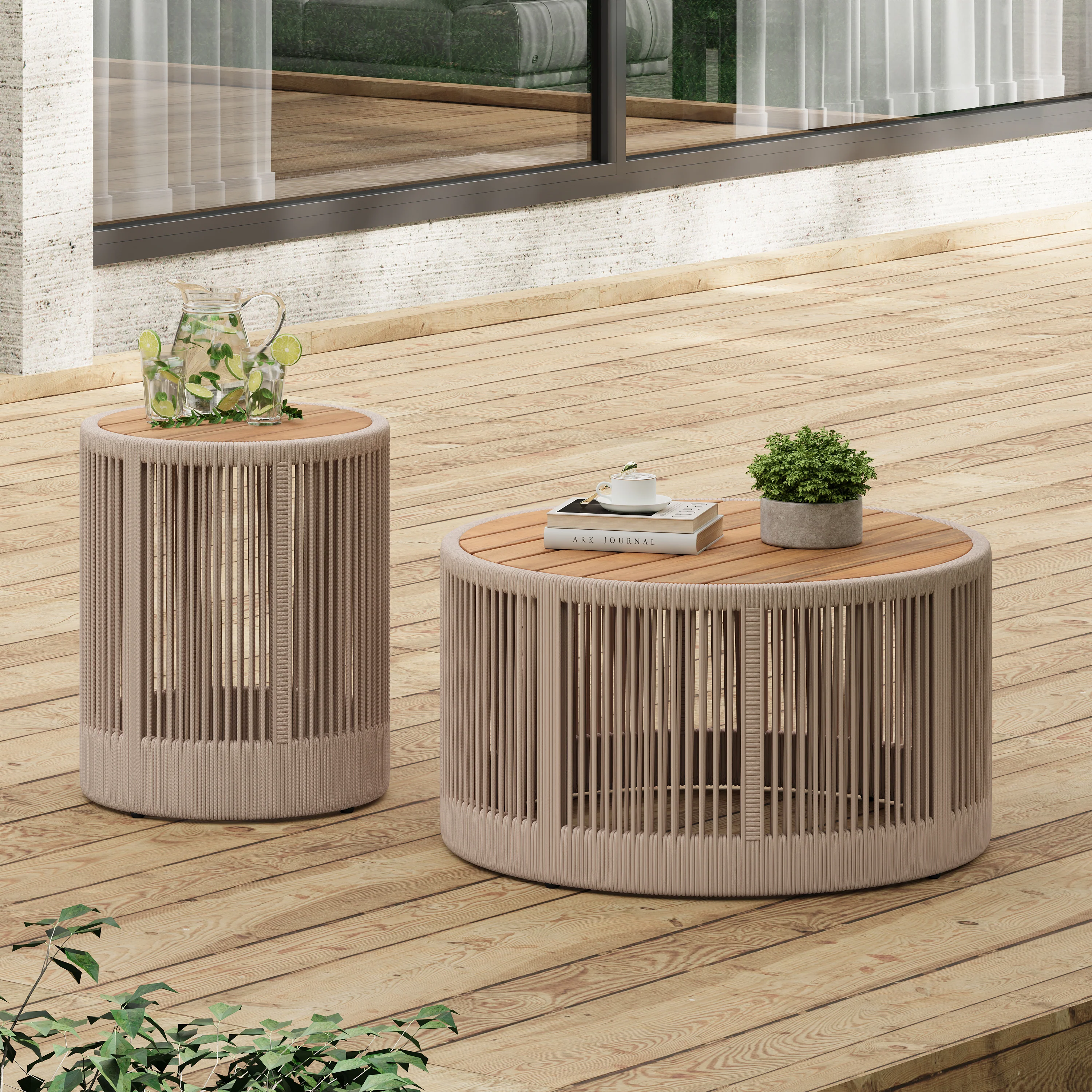 Walker Edison | Modern Woven Rope Design Coffee Table and Side Table Set of 2