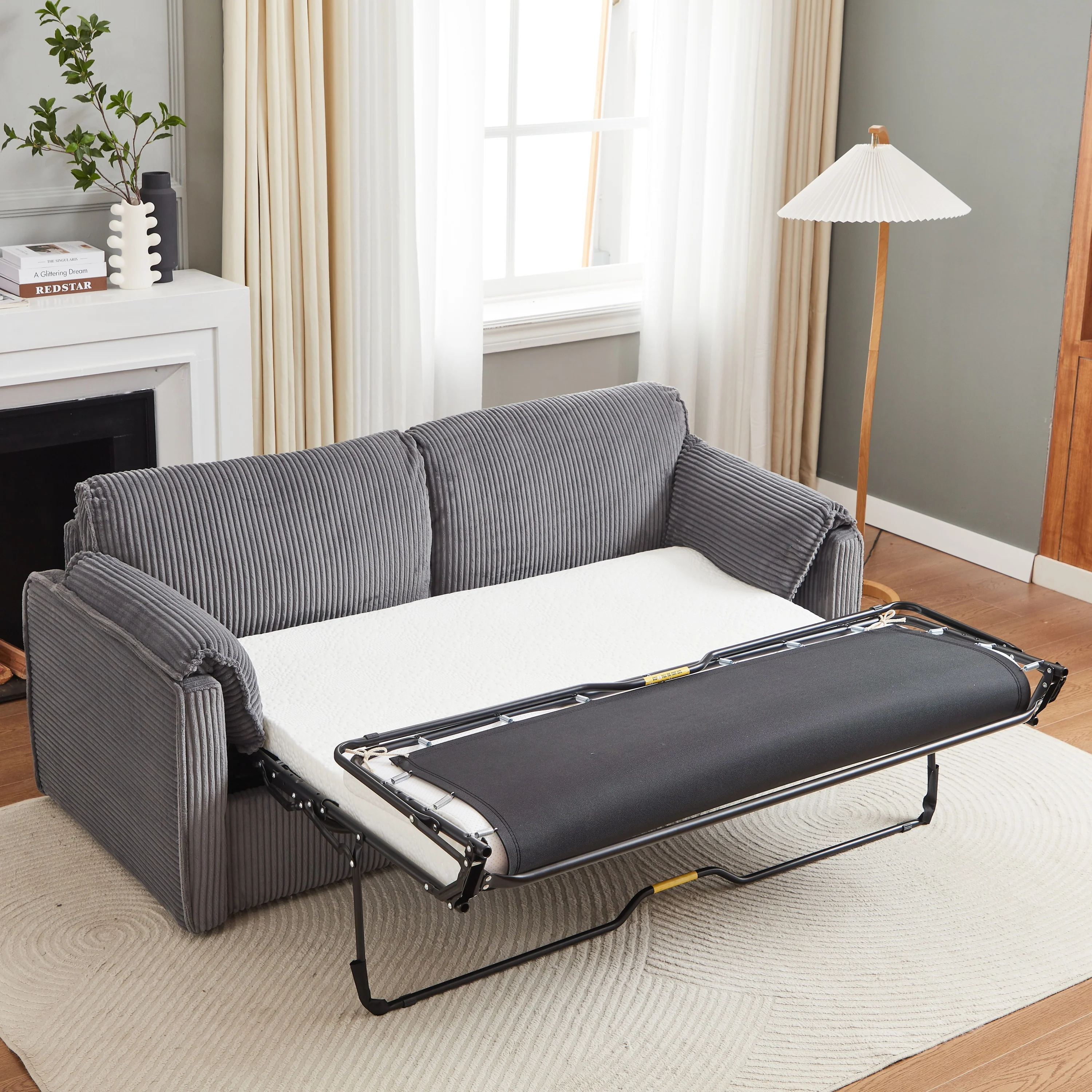 Walker Edison | Futon Grey Corduroy Pull Out Sleeper Sofa Bed