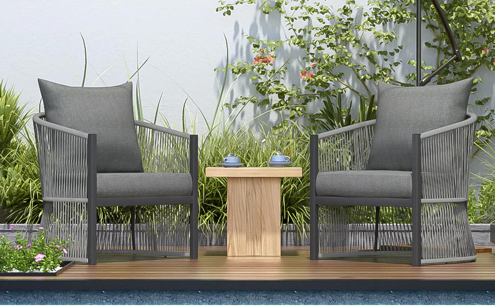 Walker Edison | Stylish Rope-Weave Gray Curved Outdoor Chairs Set of 2