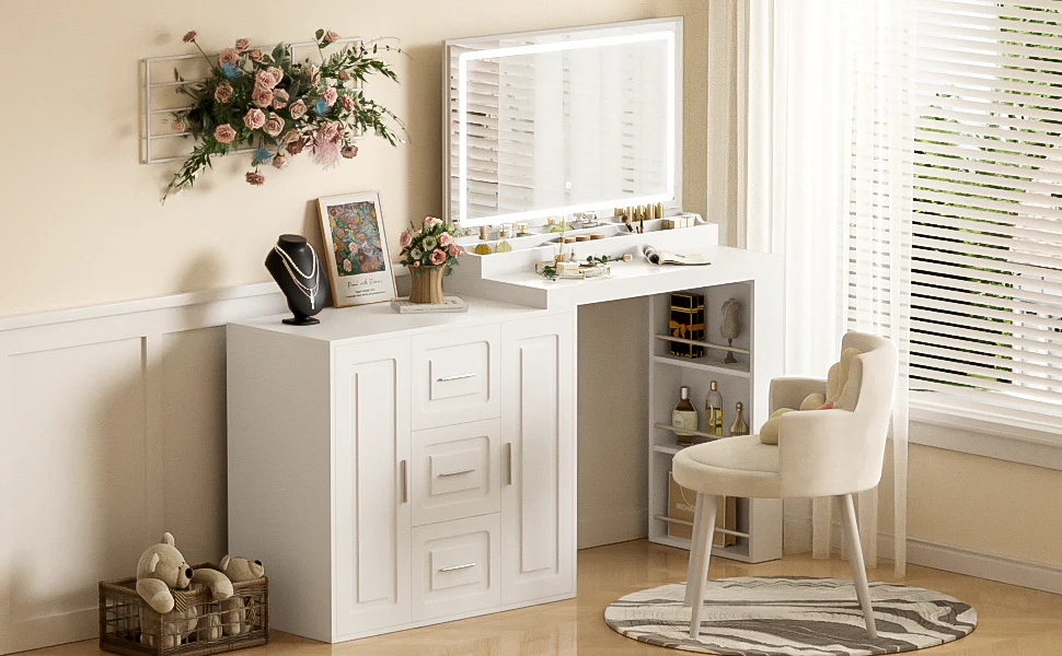 Walker Edison | 59' Dresser and Makeup Vanity Desk with Mirror