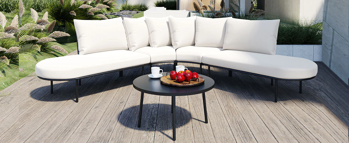 Walker Edison | Modern Half-Moon Curved Outdoor Patio Sofa Set with Coffee Table