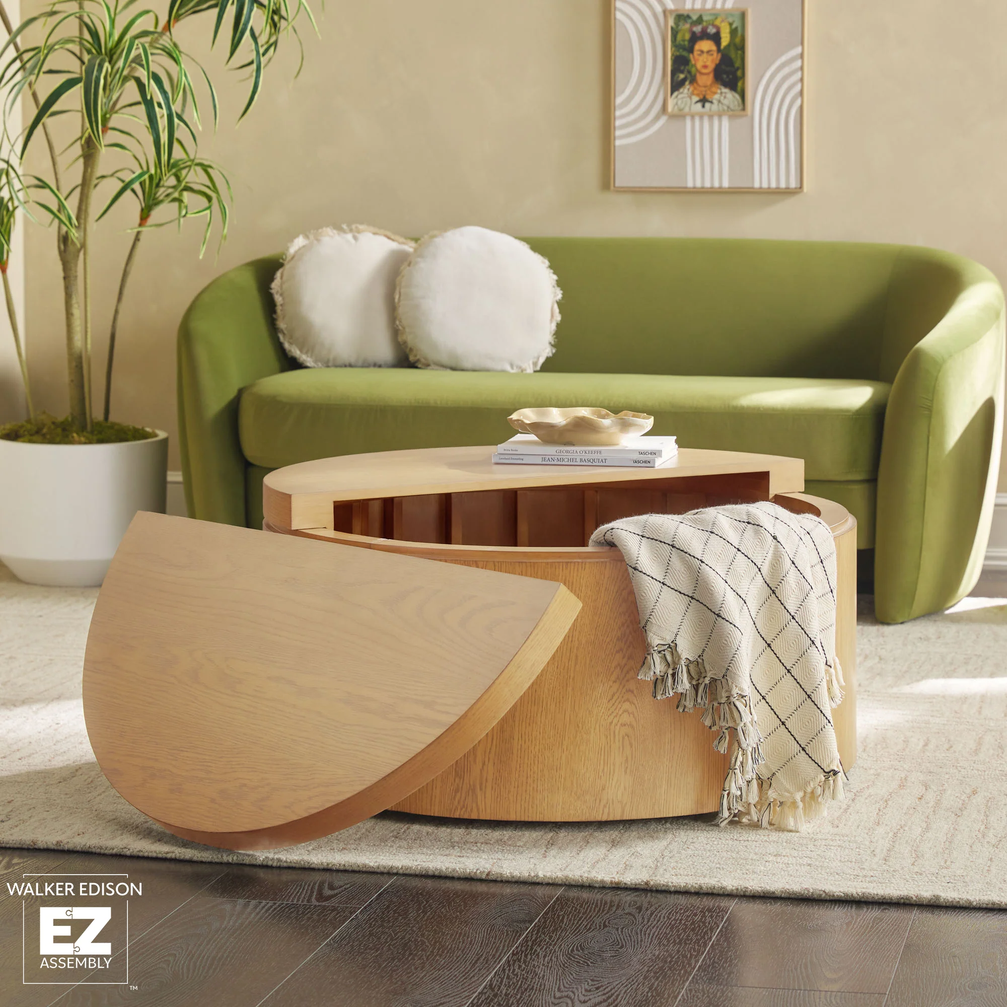 Maya 36 Modern Easy Assembly Round Oak Wood Veneer Coffee table with Storage