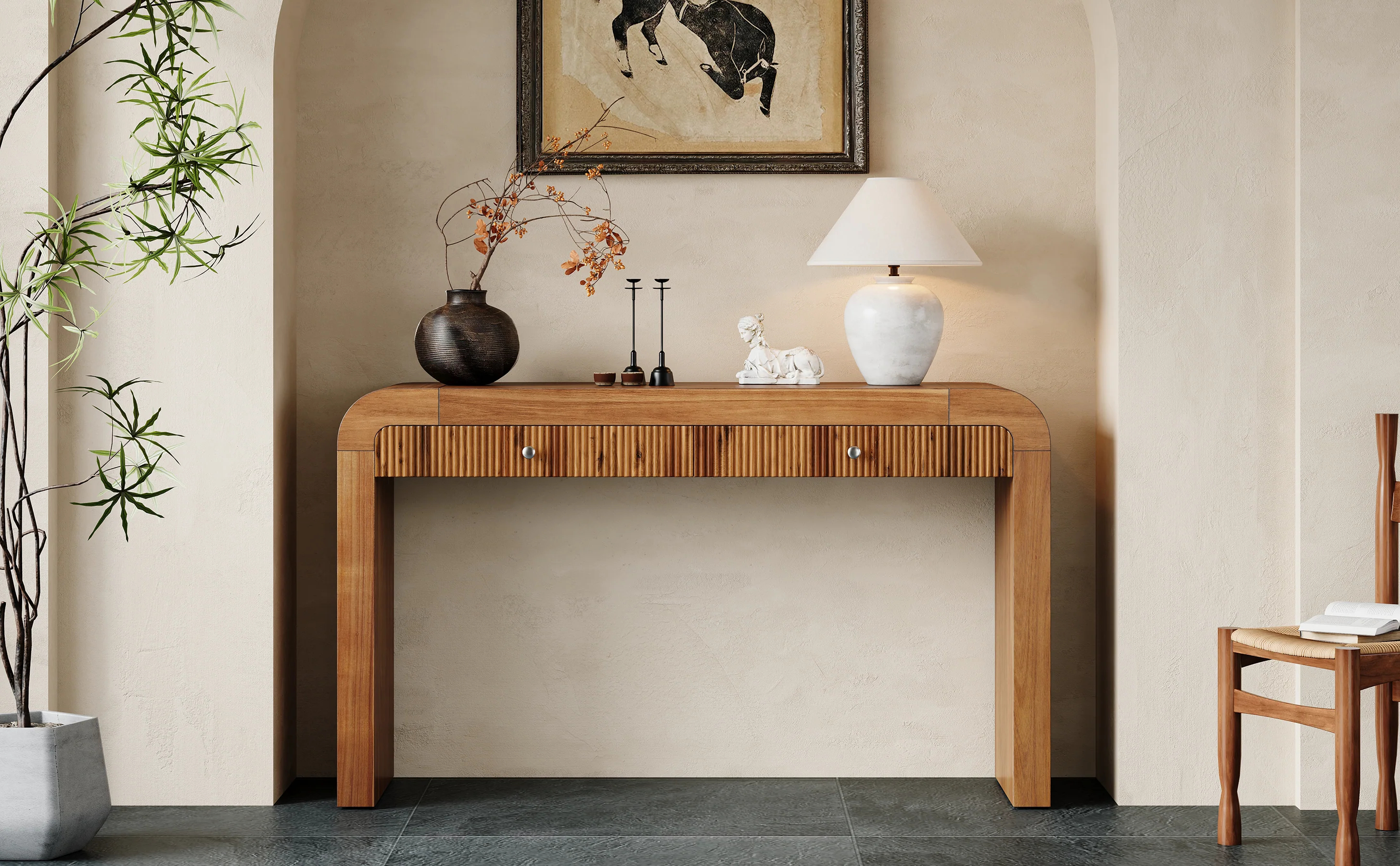 Walker Edison | Entryway Fluted Curve Design Console/Desk Table with Drawers