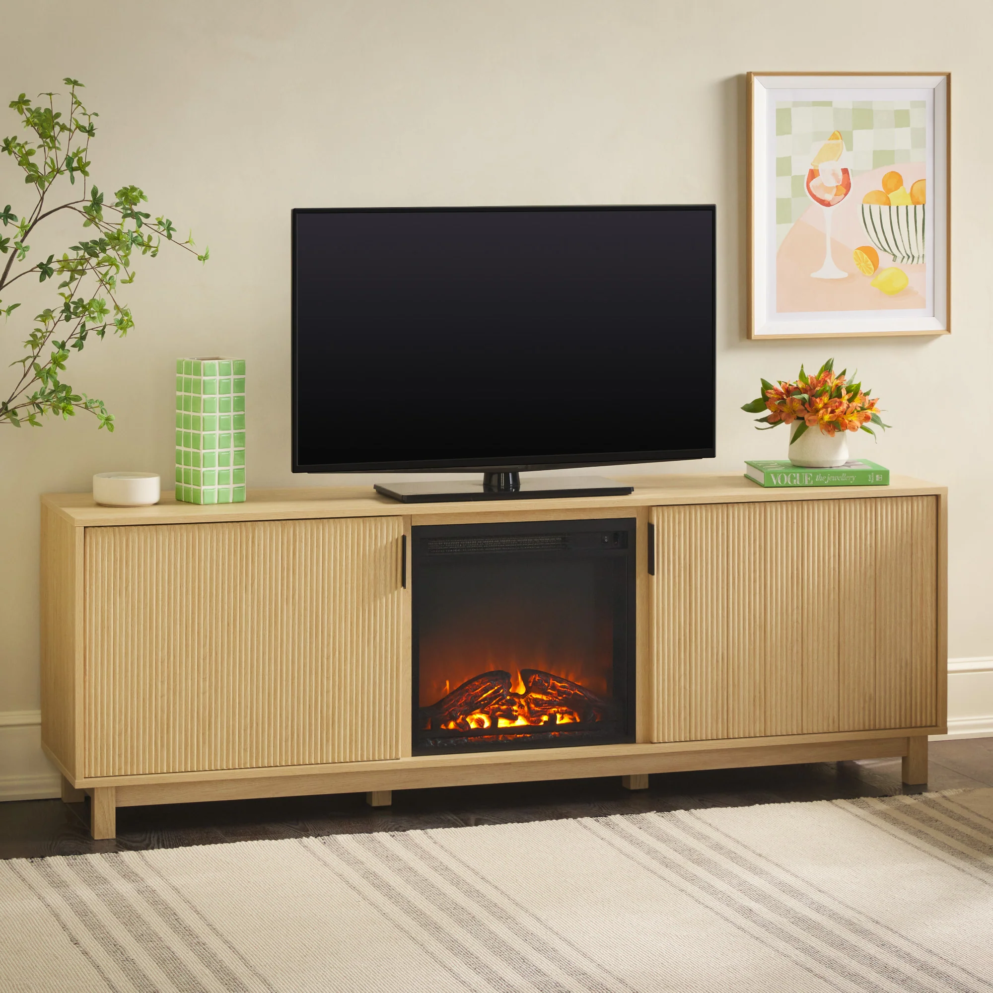 Reema Scandinavian 70 Modern Reeded TV Stand with Freestanding Electric Fireplace