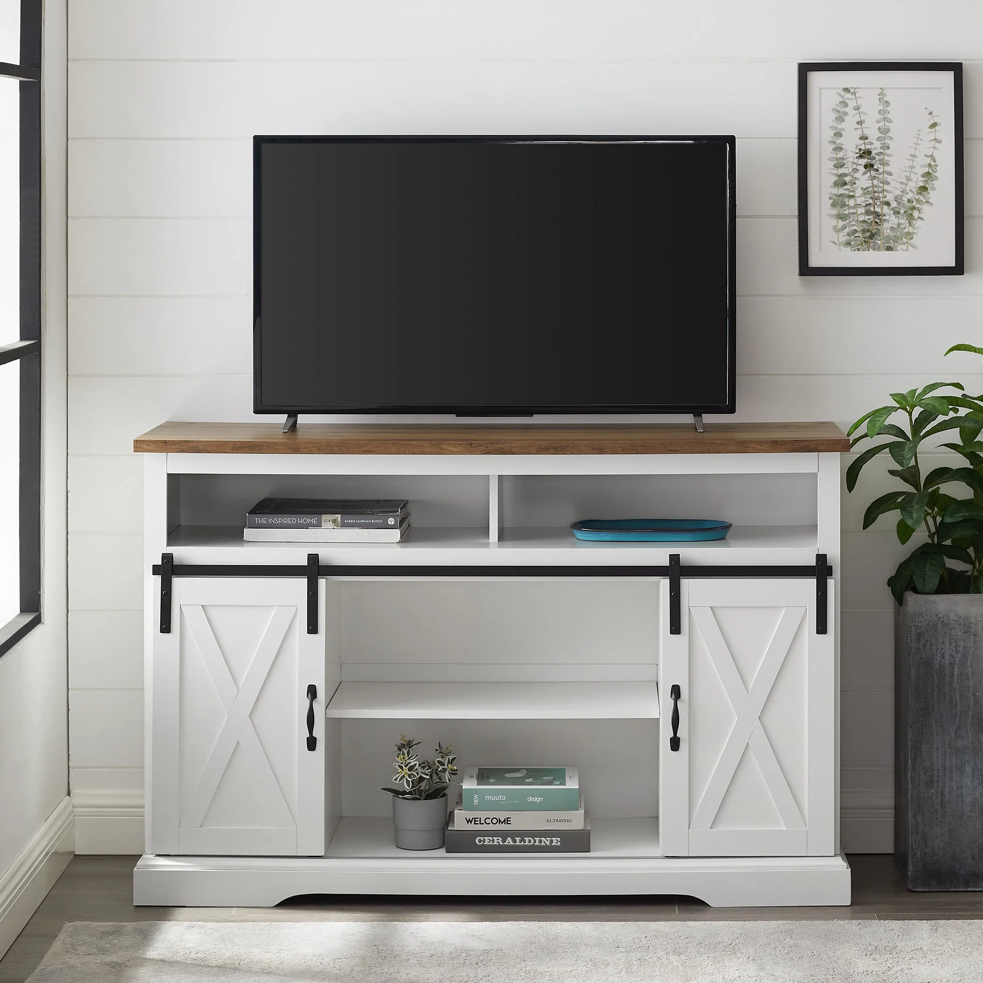 Farmhouse 52 Sliding Barn Door Highboy Modern TV Stand