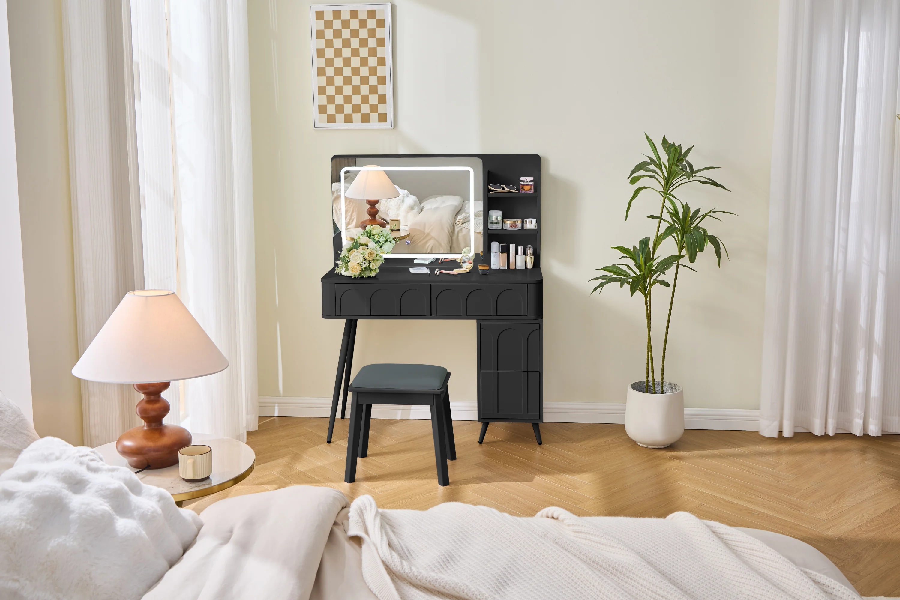 Walker Edison | Modern Makeup Vanity Desk with LED Lights & Mirror