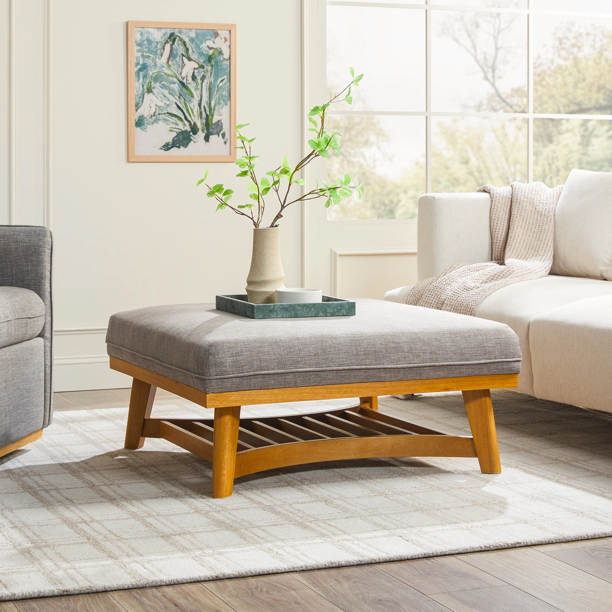 Nash Modern Farmhouse Easy Assembly Linen Large Ottoman
