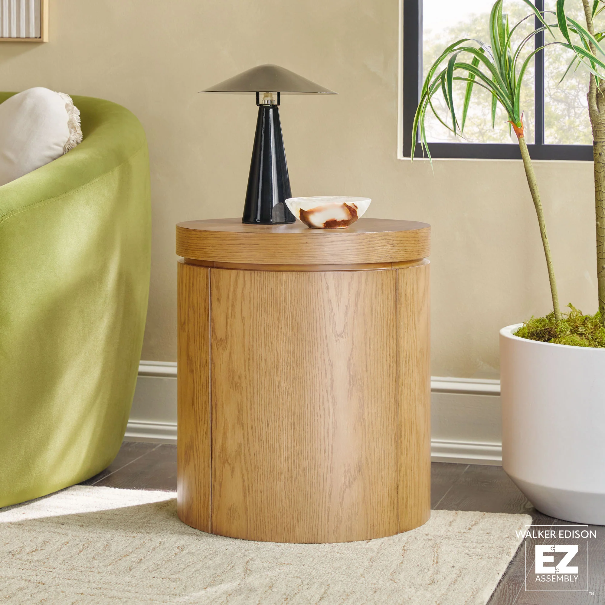 Maya 18 Modern Easy Assembly Round Oak Wood Veneer Side Table with Storage