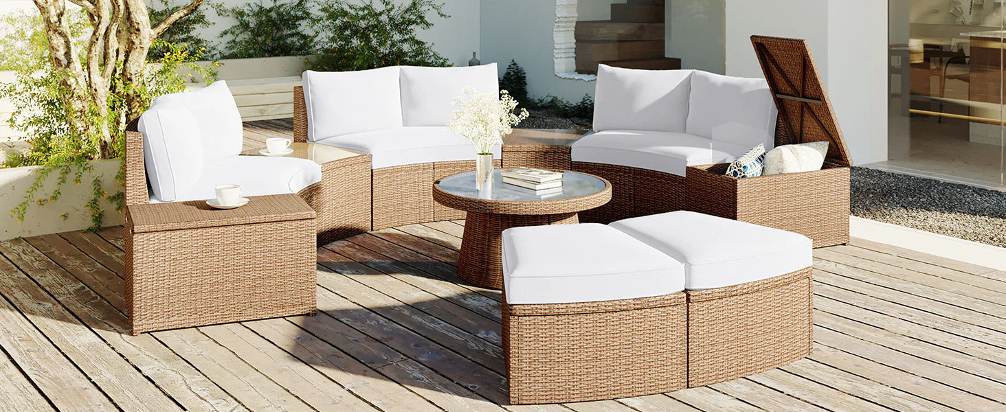 Walker Edison | Wicker Half Moon Outdoor 10-Piece Sectional Sofa Set with Storage