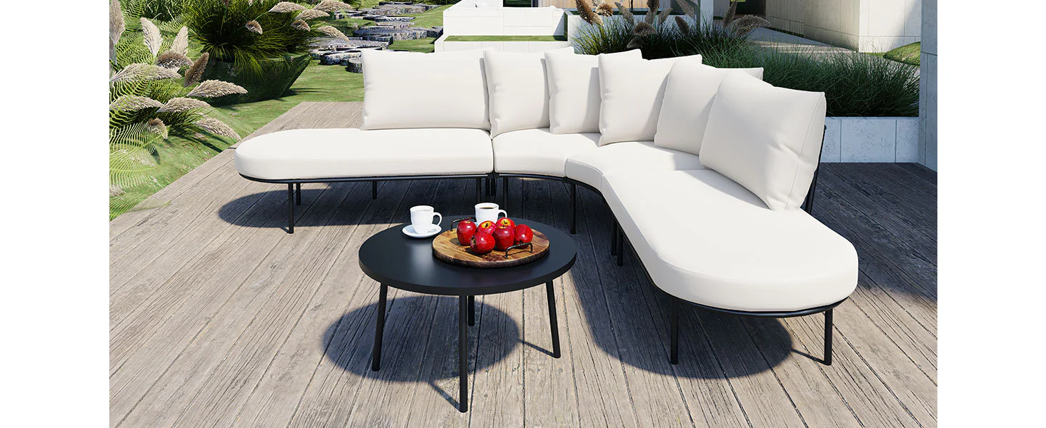 Walker Edison | Modern Half-Moon Curved Outdoor Patio Sofa Set with Coffee Table