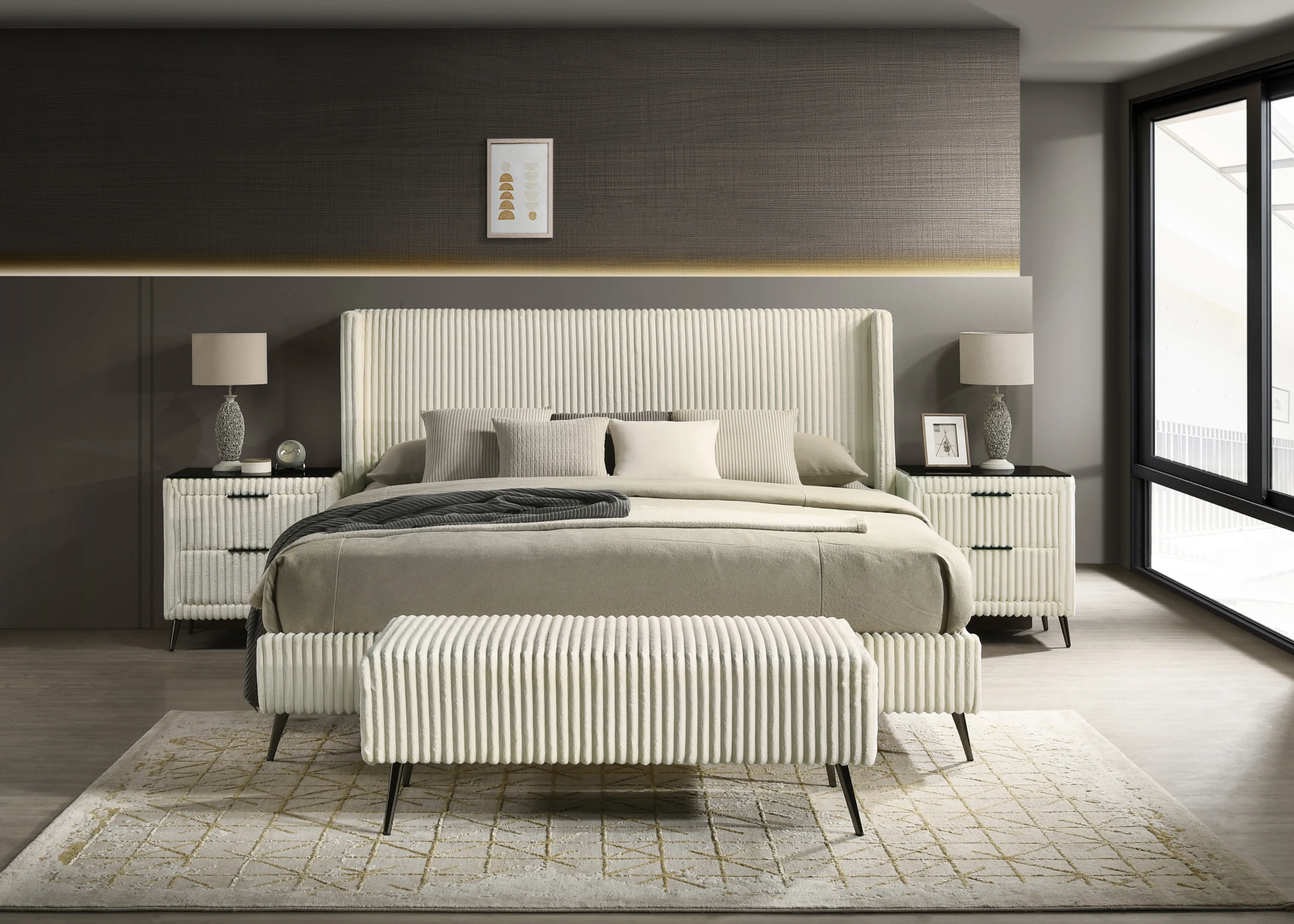 Walker Edison | Corduroy Upholstery King Bed with 2 Nightstands and Bench