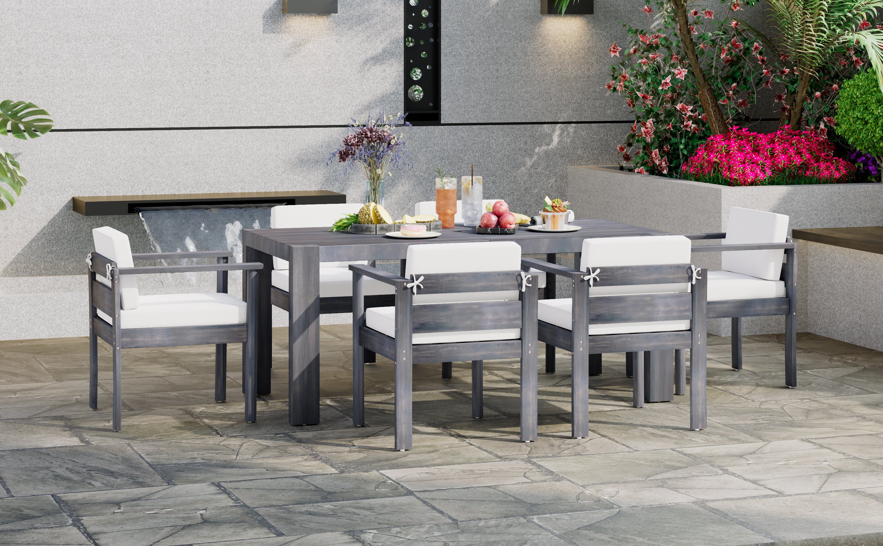 Walker Edison | Grey Wood Outdoor 7-Piece Patio Dining Table Set for 6