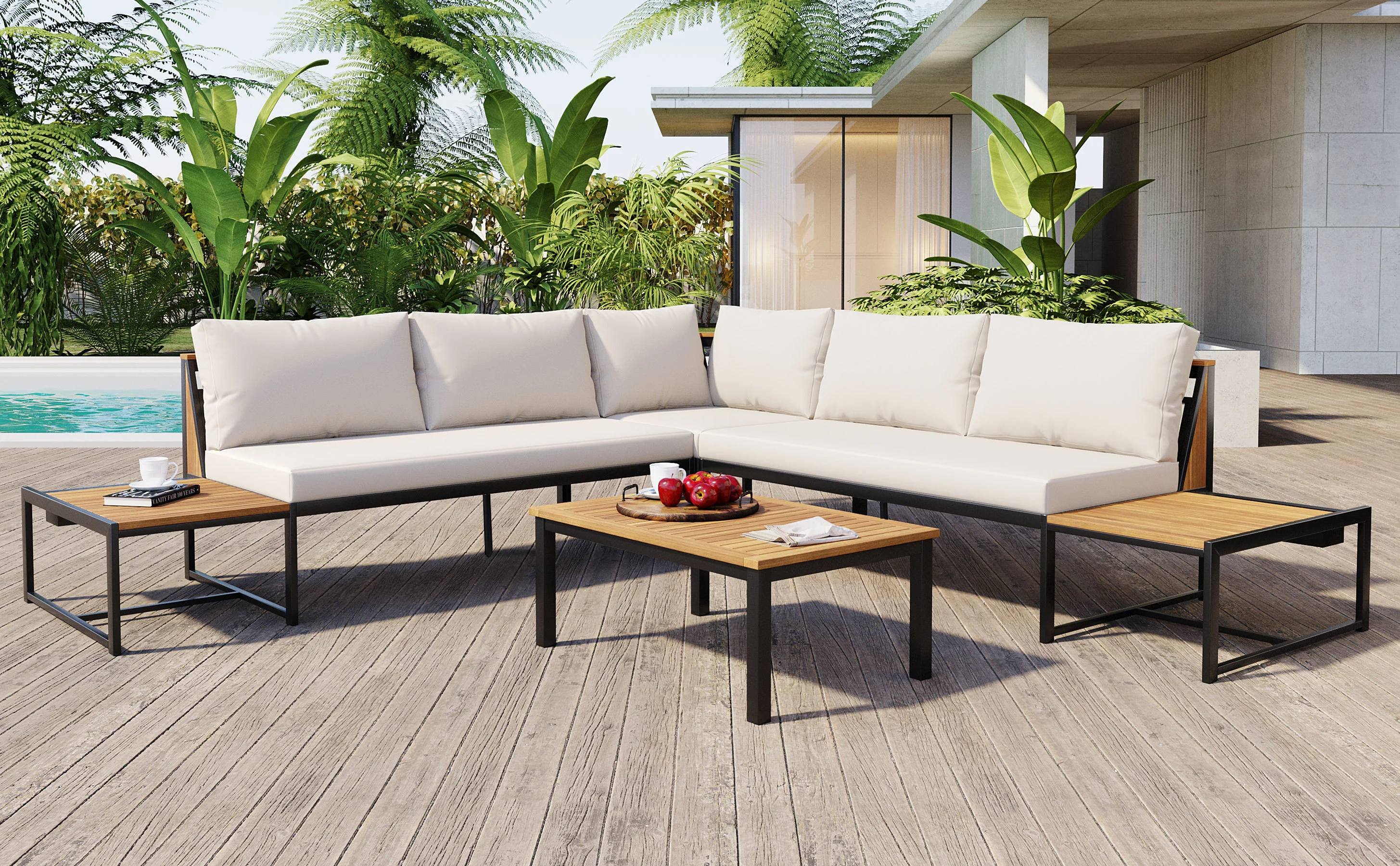 Walker Edison | 4 Pieces Outdoor Patio Sofa Sectional Set with Coffee and Side Tables