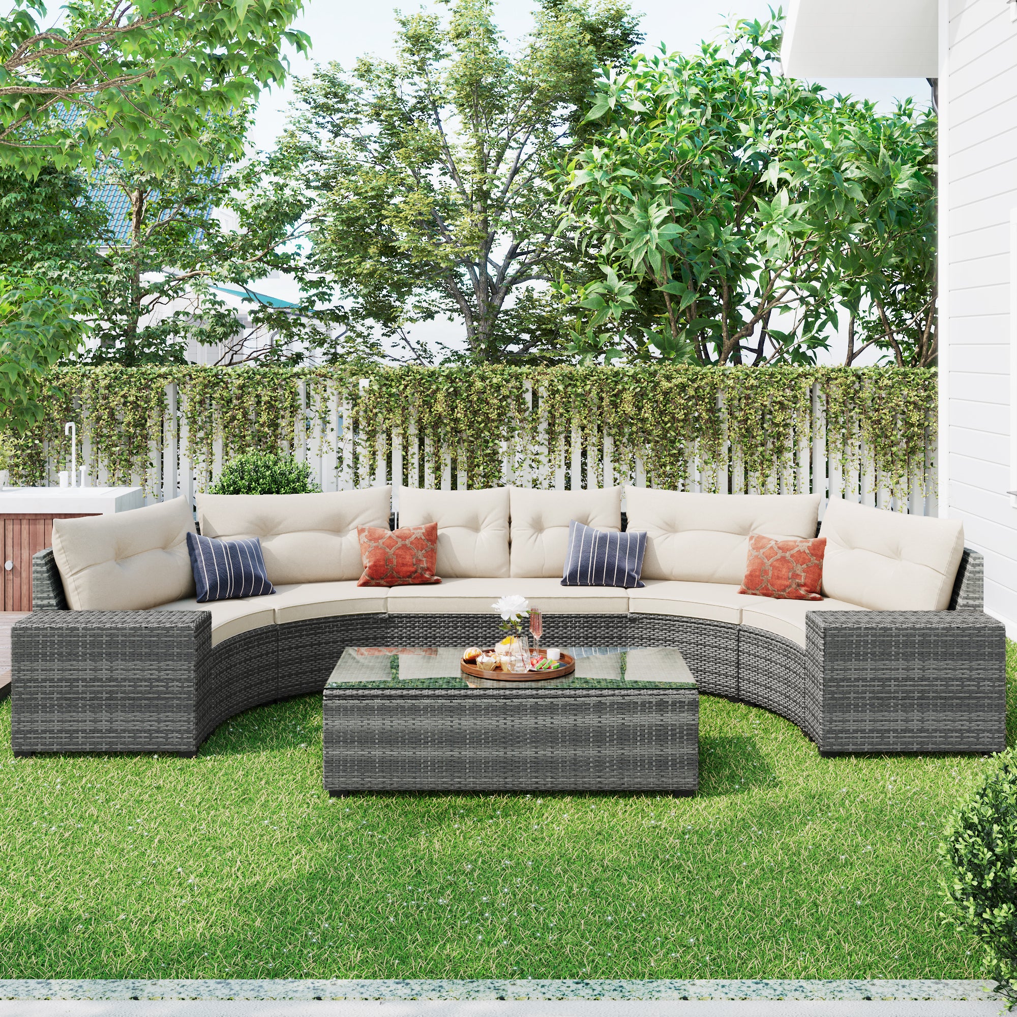 Walker Edison | 8-pieces Outdoor Wicker Round Sofa Set