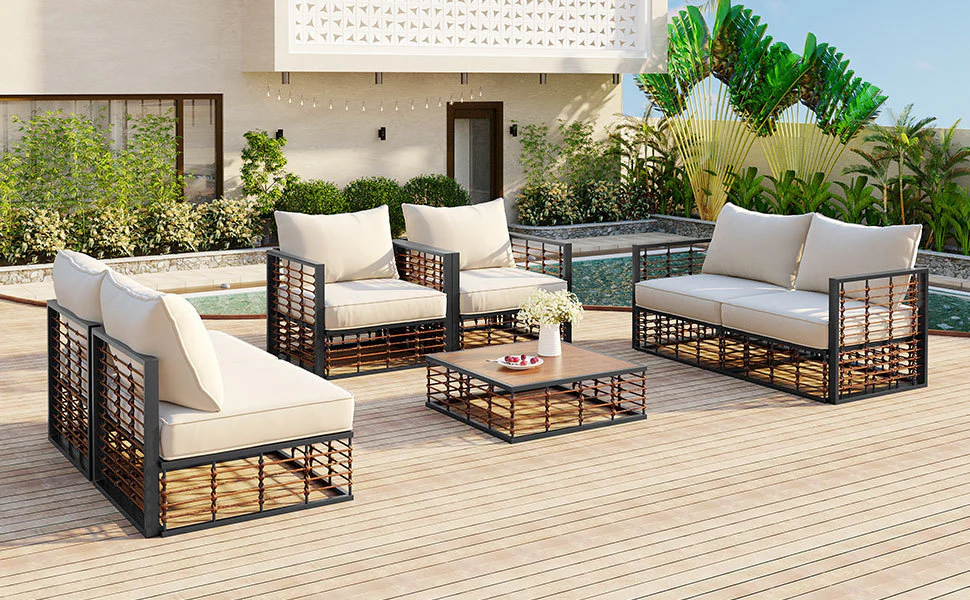 Walker Edison | Modern Minimalist 7-Piece Metal Outdoor Patio Sectional Sofa Set