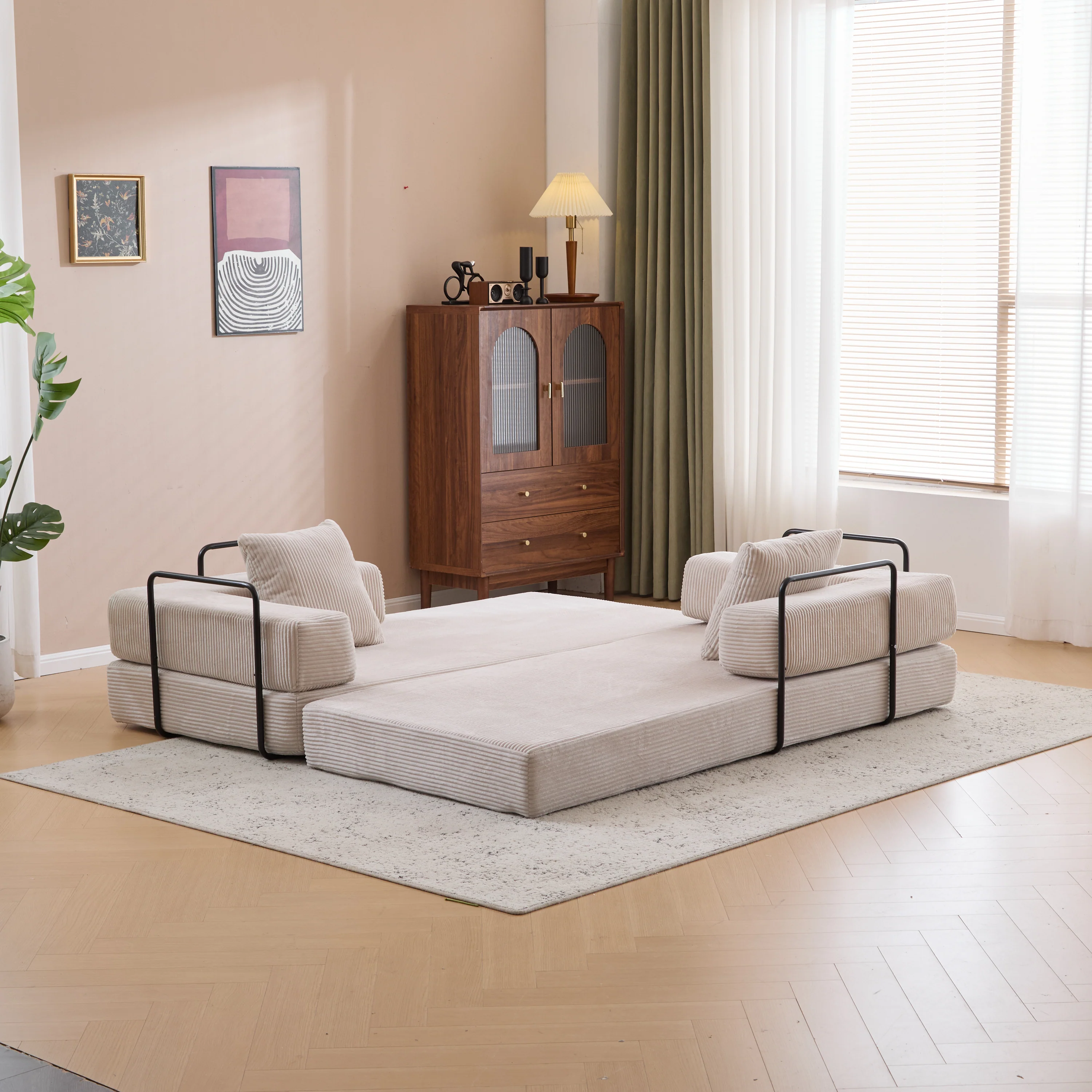 Walker Edison | Futon Corduroy Floor Sofa Bed with Pillows