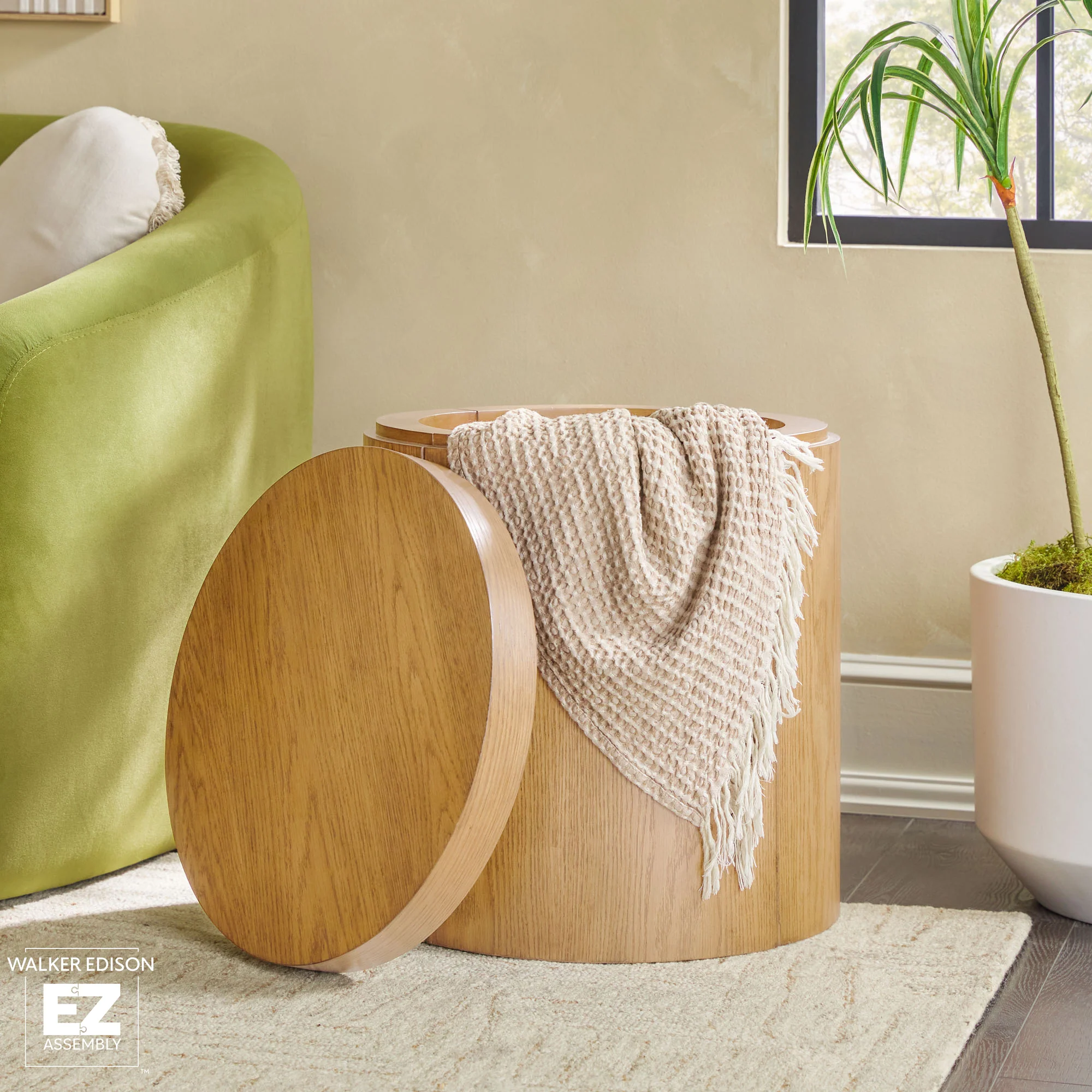 Maya 18 Modern Easy Assembly Round Oak Wood Veneer Side Table with Storage