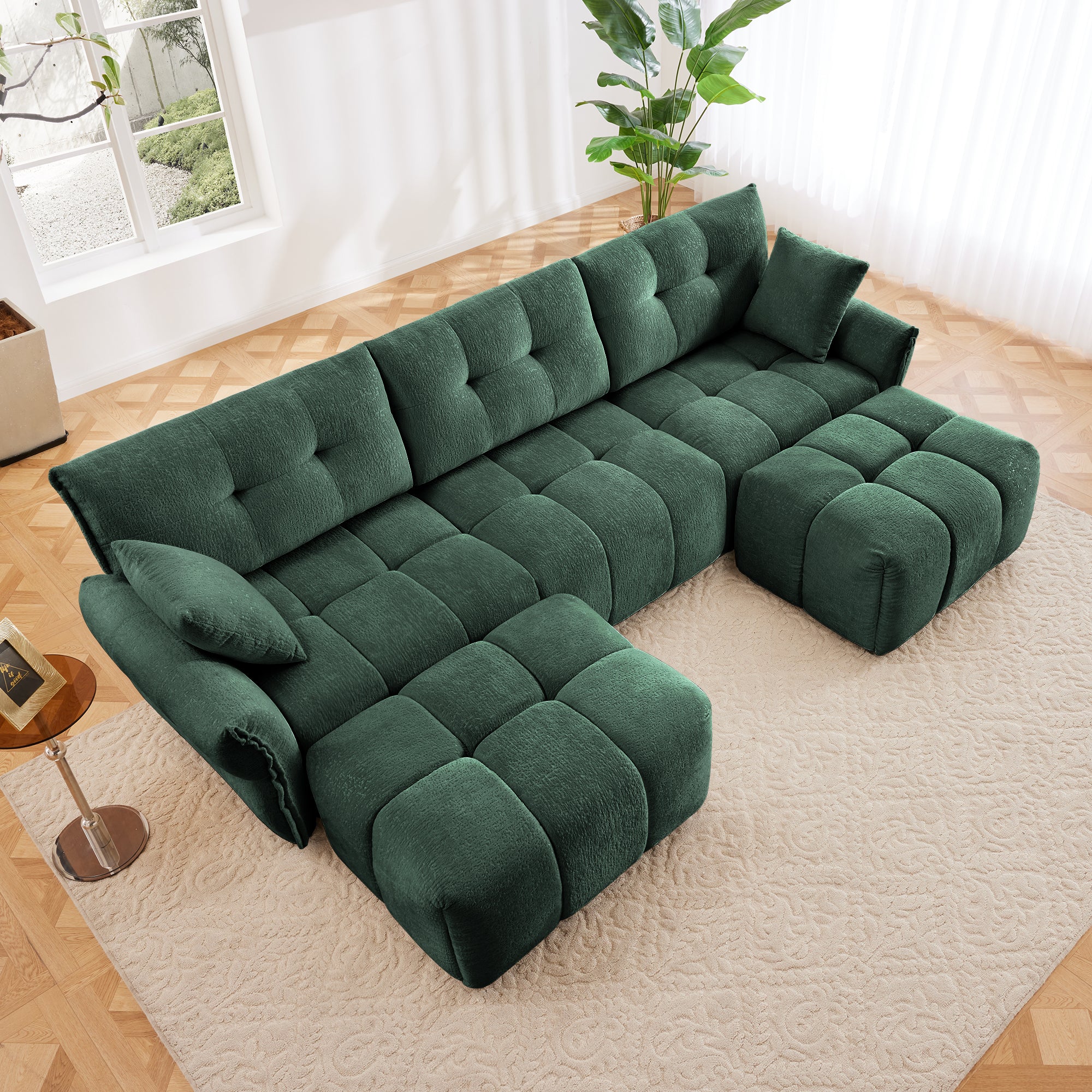 Walker Edison | Green Chenille Tufted Sectional Sofa Set With Ottoman And Throw Pillows