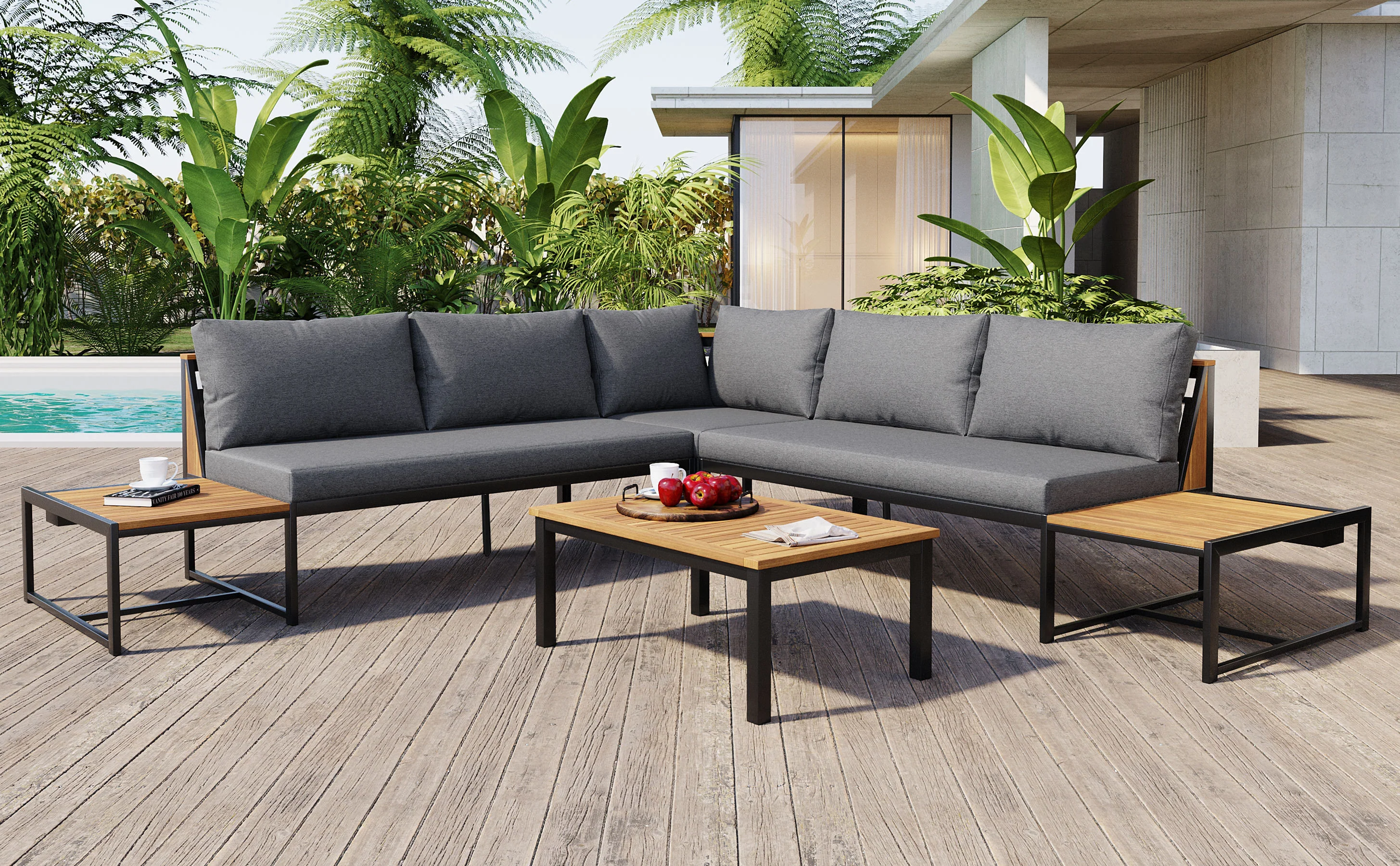 Walker Edison | 4 Pieces Outdoor Patio Sofa Sectional Set with Coffee and Side Tables