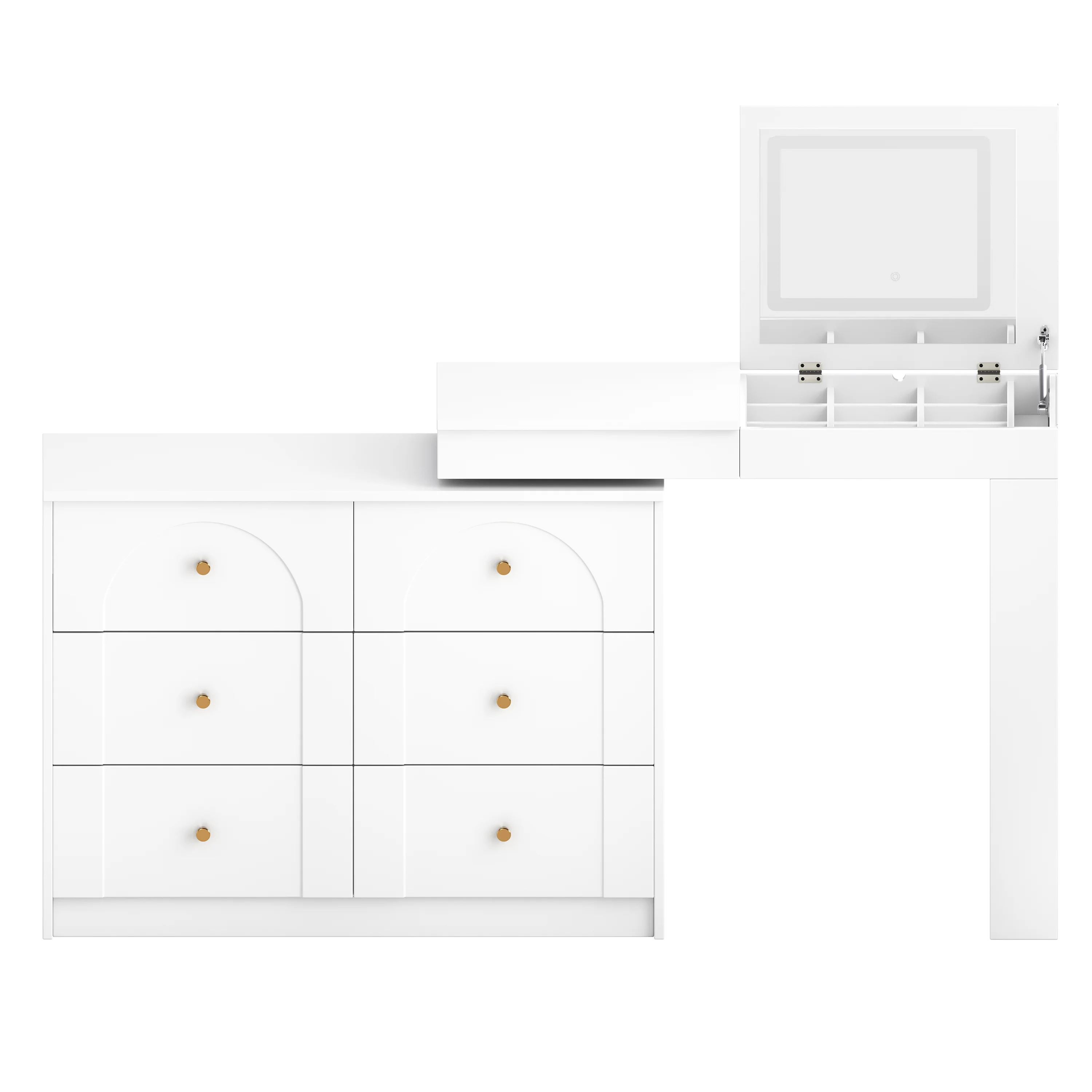 Walker Edison | White Multi-Functional Vanity Desk Dresser Set with Flip Mirror and Lights