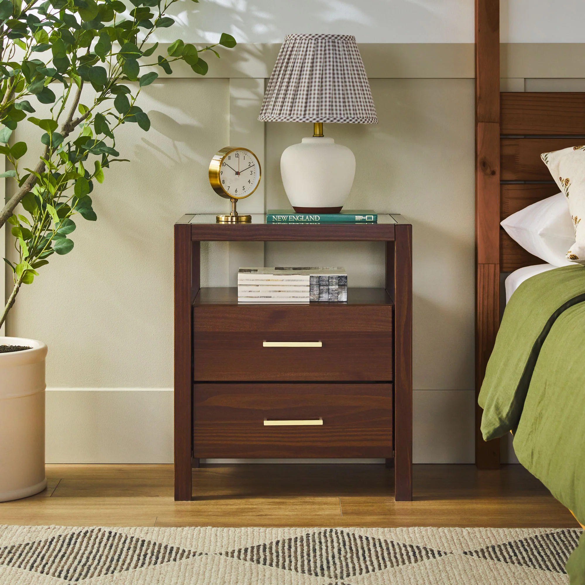 Isla Modern Easy Assembly Solid Wood 2-Drawer Nightstand Side Table with Glass Top