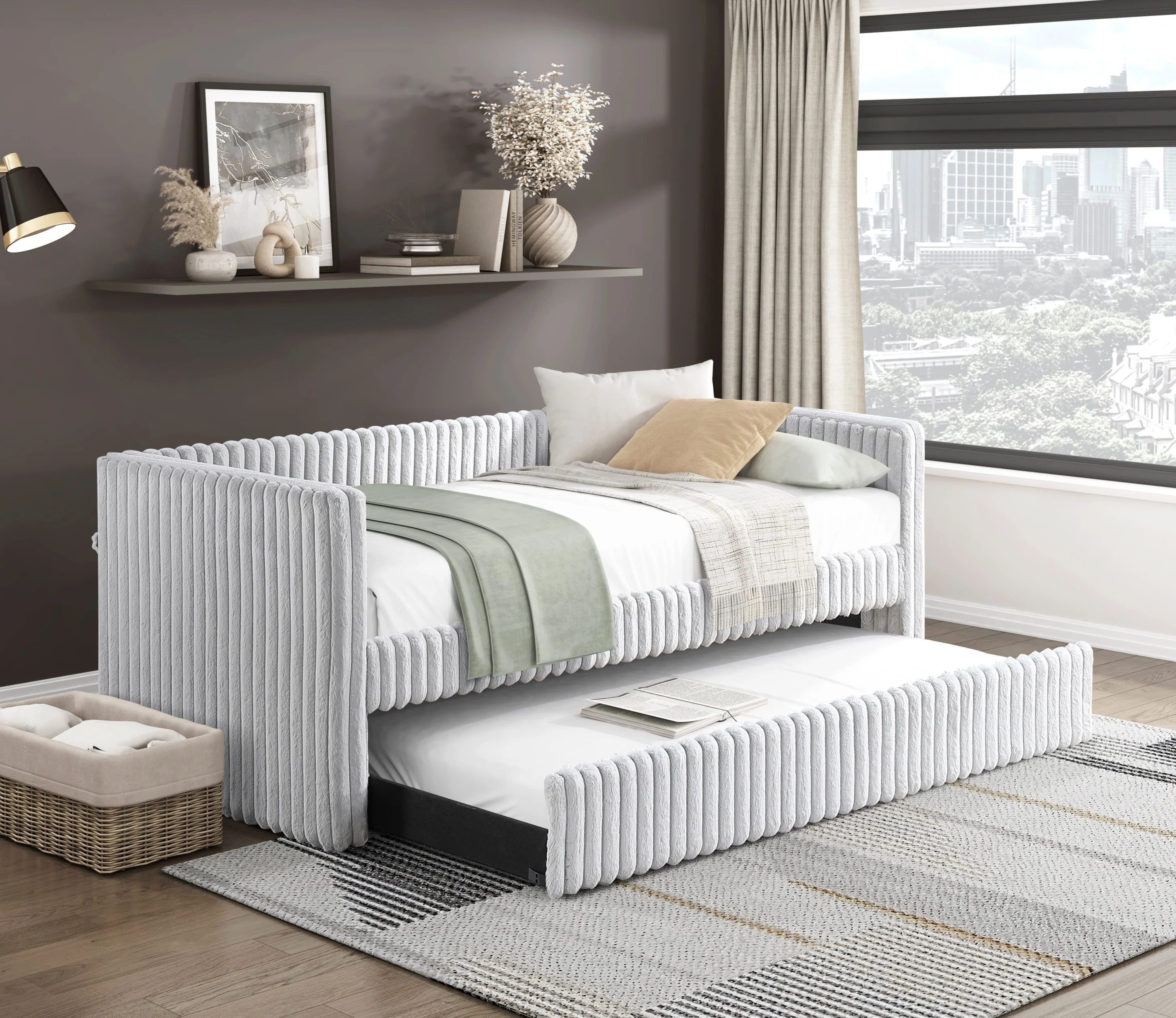 Walker Edison | Upholstered Corduroy Daybed with Trundle