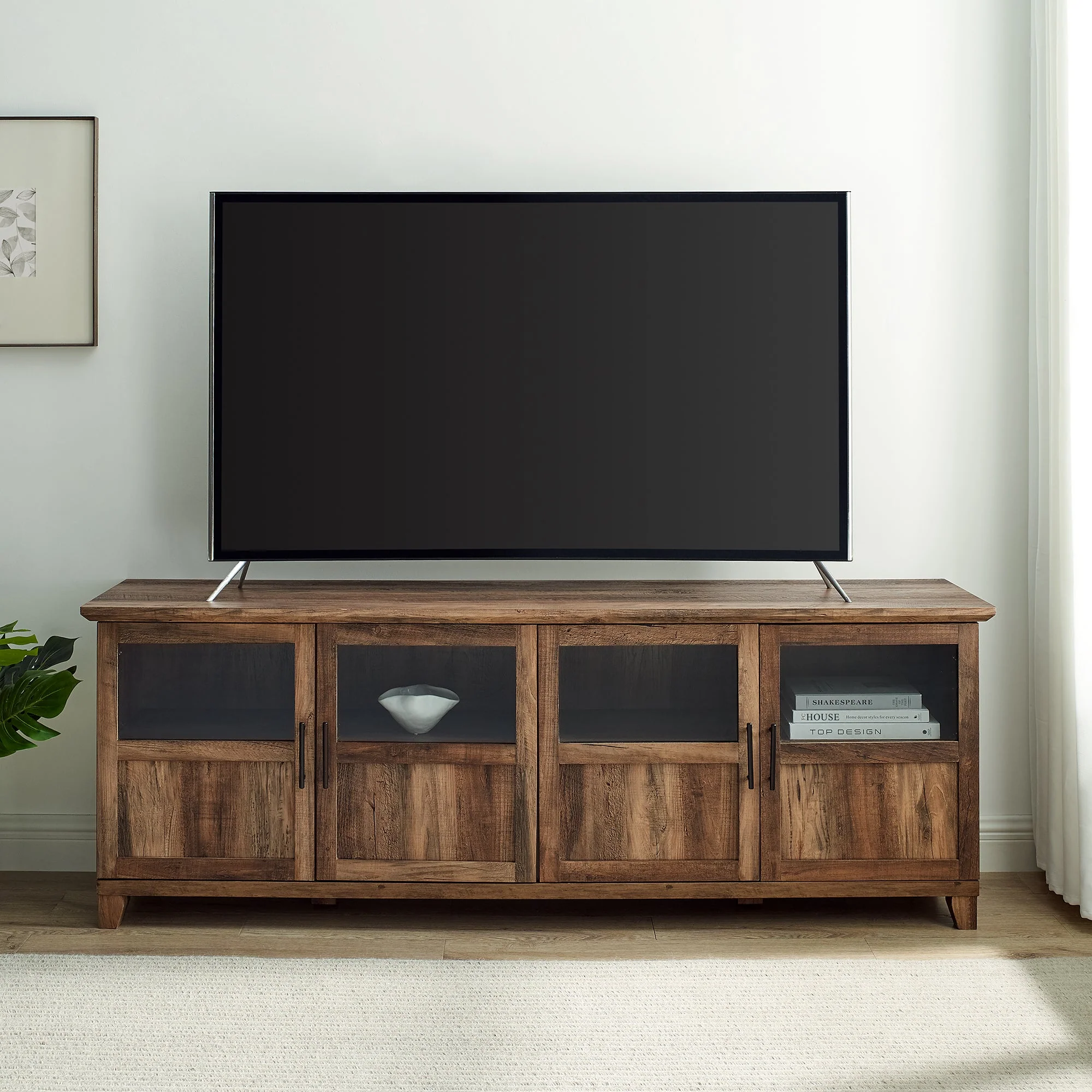 Goodwin 70 TV Stand with Glass and Wood 4 Panel Doors