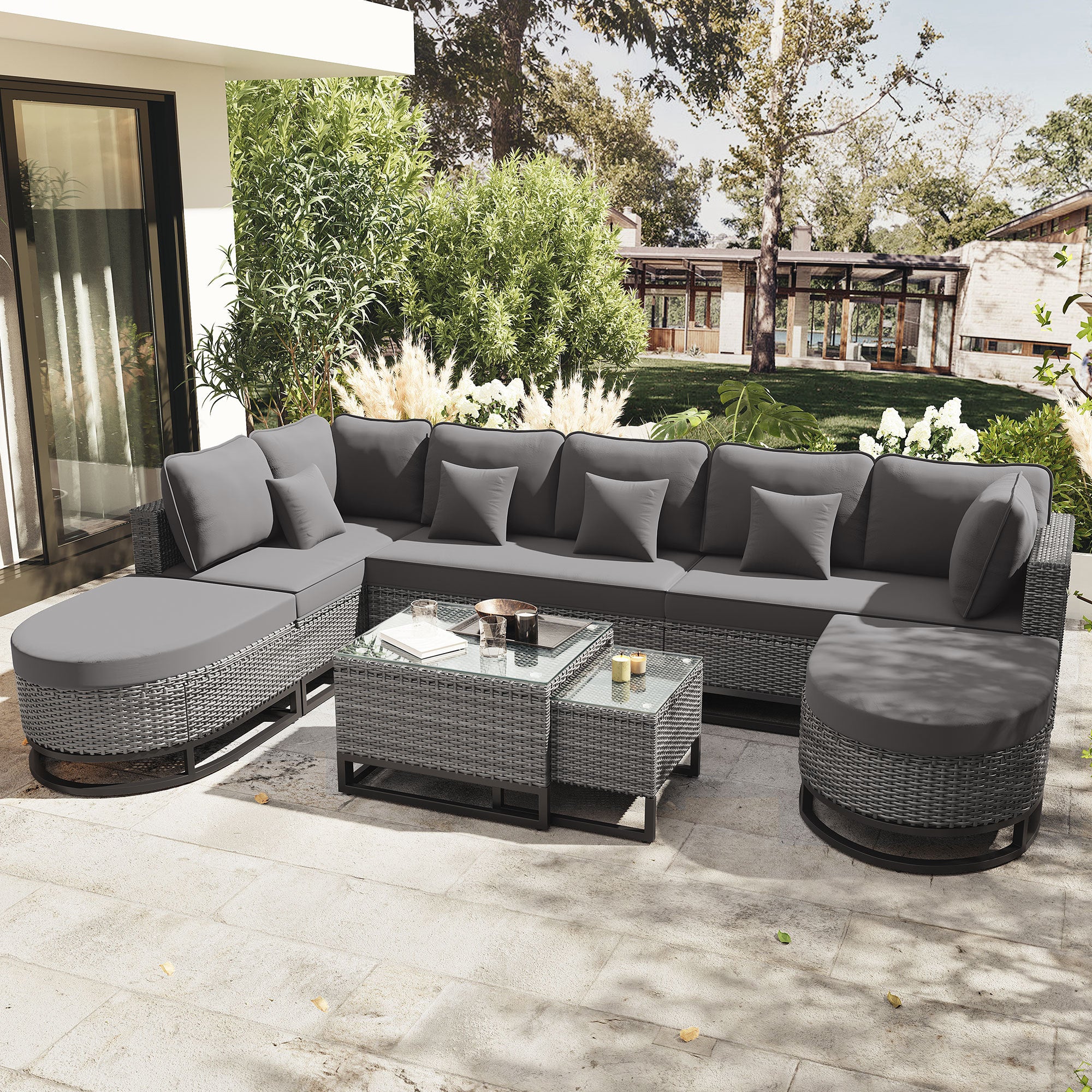 Walker Edison | Outdoor Rattan 7 Pieces Wicker Sofa Set with Coffee Table