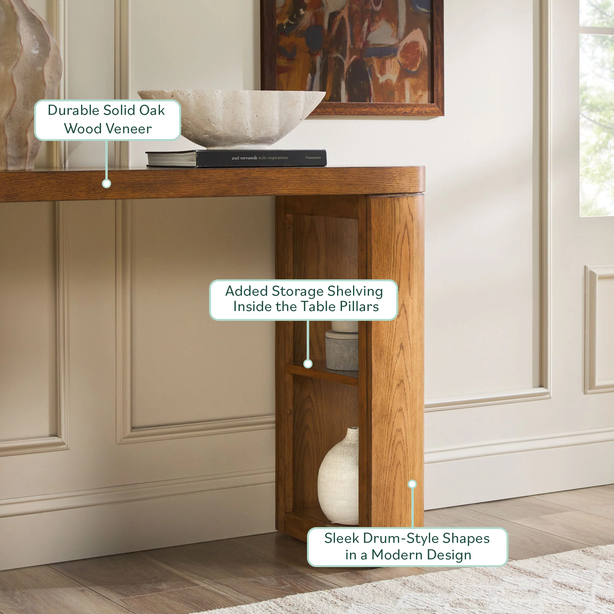 Maya 48 Modern Easy Assembly Oak Wood Veneer Console Entry Table with Storage