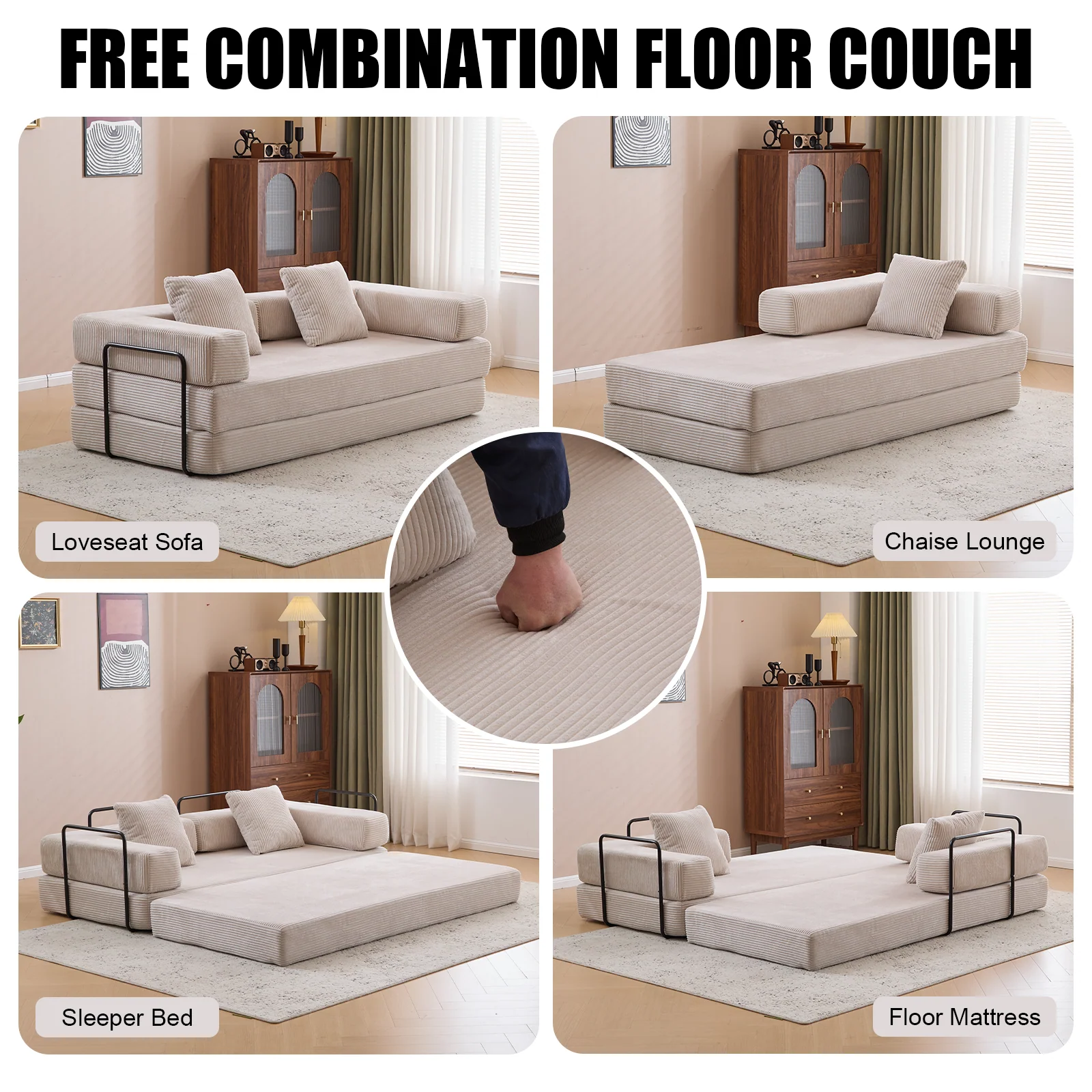 Walker Edison | Futon Corduroy Floor Sofa Bed with Pillows