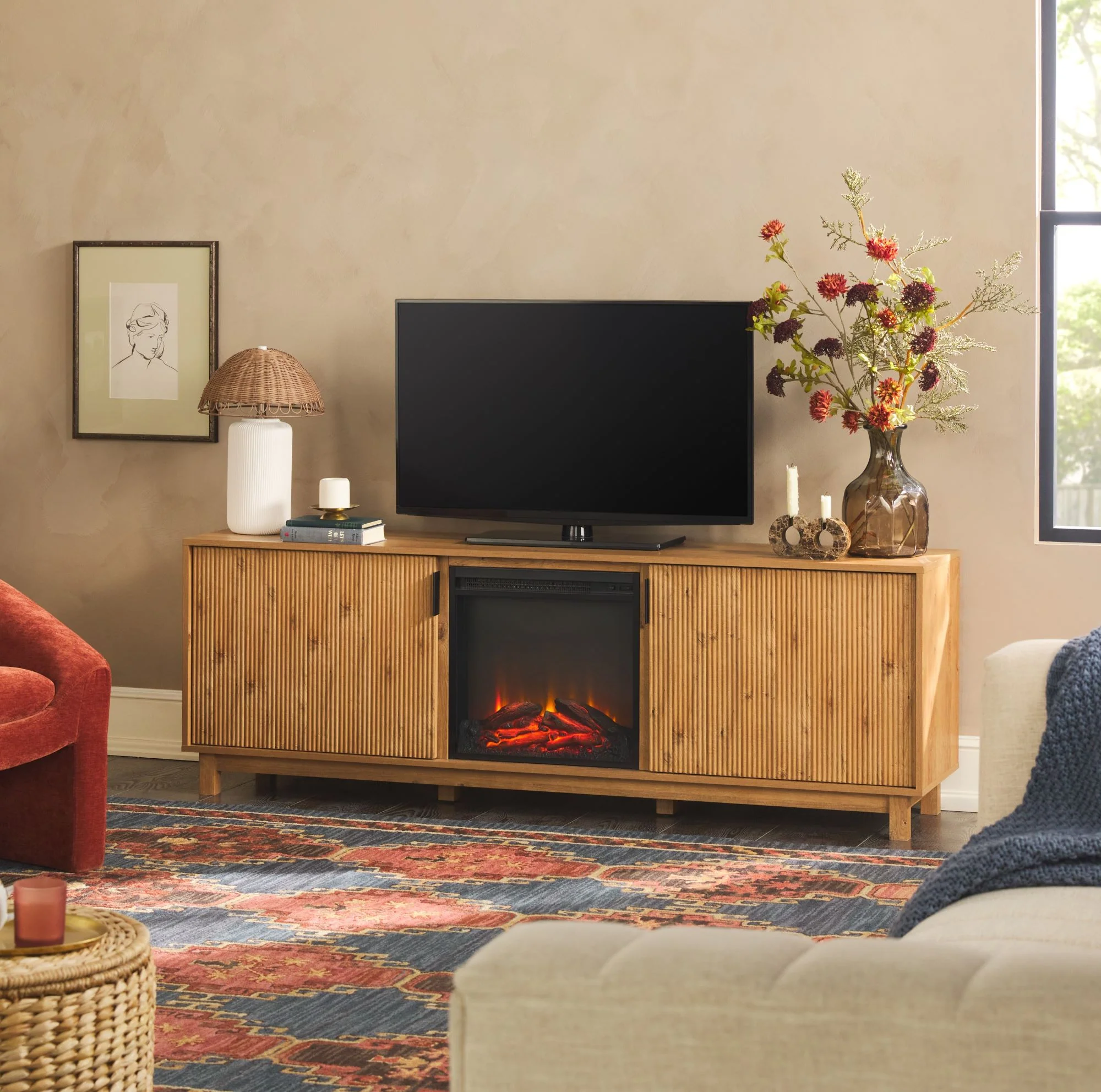 Reema Scandinavian 70 Modern Reeded TV Stand with Freestanding Electric Fireplace