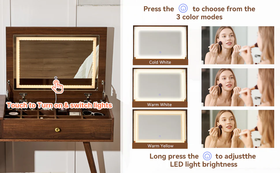 Walker Edison | 3-in-1 Makeup Vanity Desk with Lighted Flip-Top Mirror and Stool