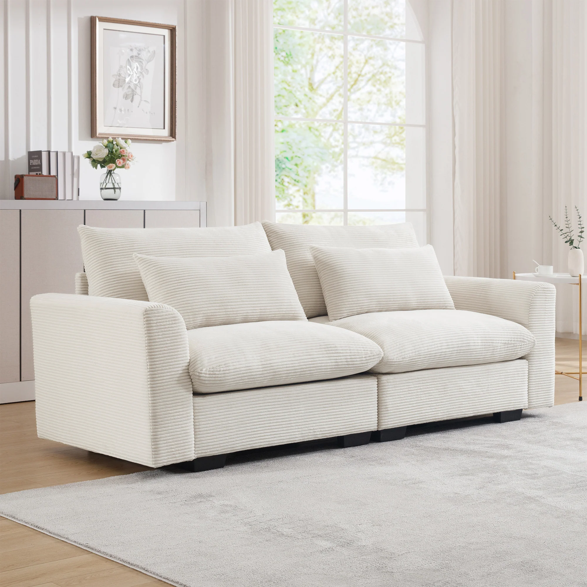 Walker Edison | Beige Corduroy Deep Seat Loveseat Couch