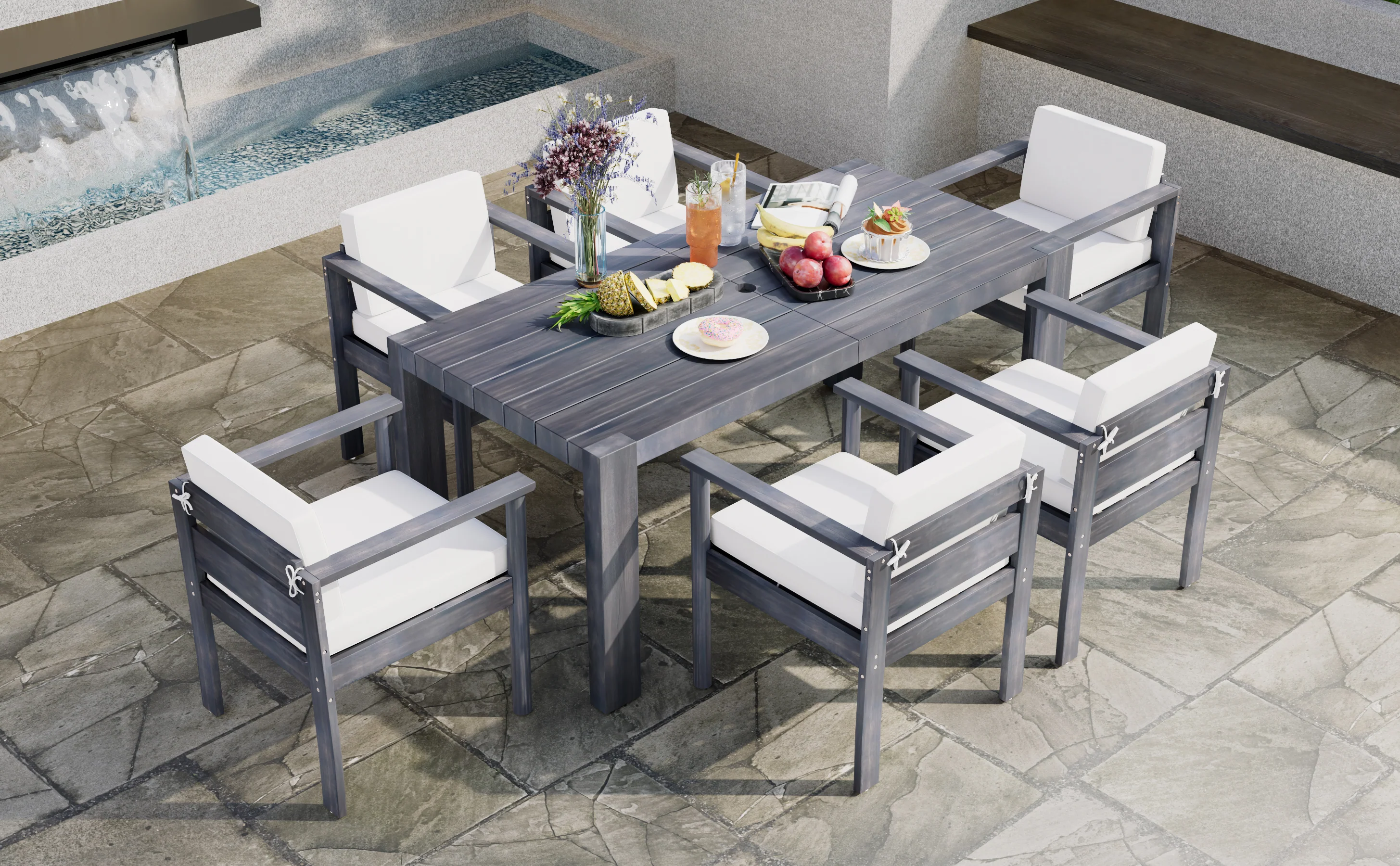 Walker Edison | Grey Wood Outdoor 7-Piece Patio Dining Table Set for 6
